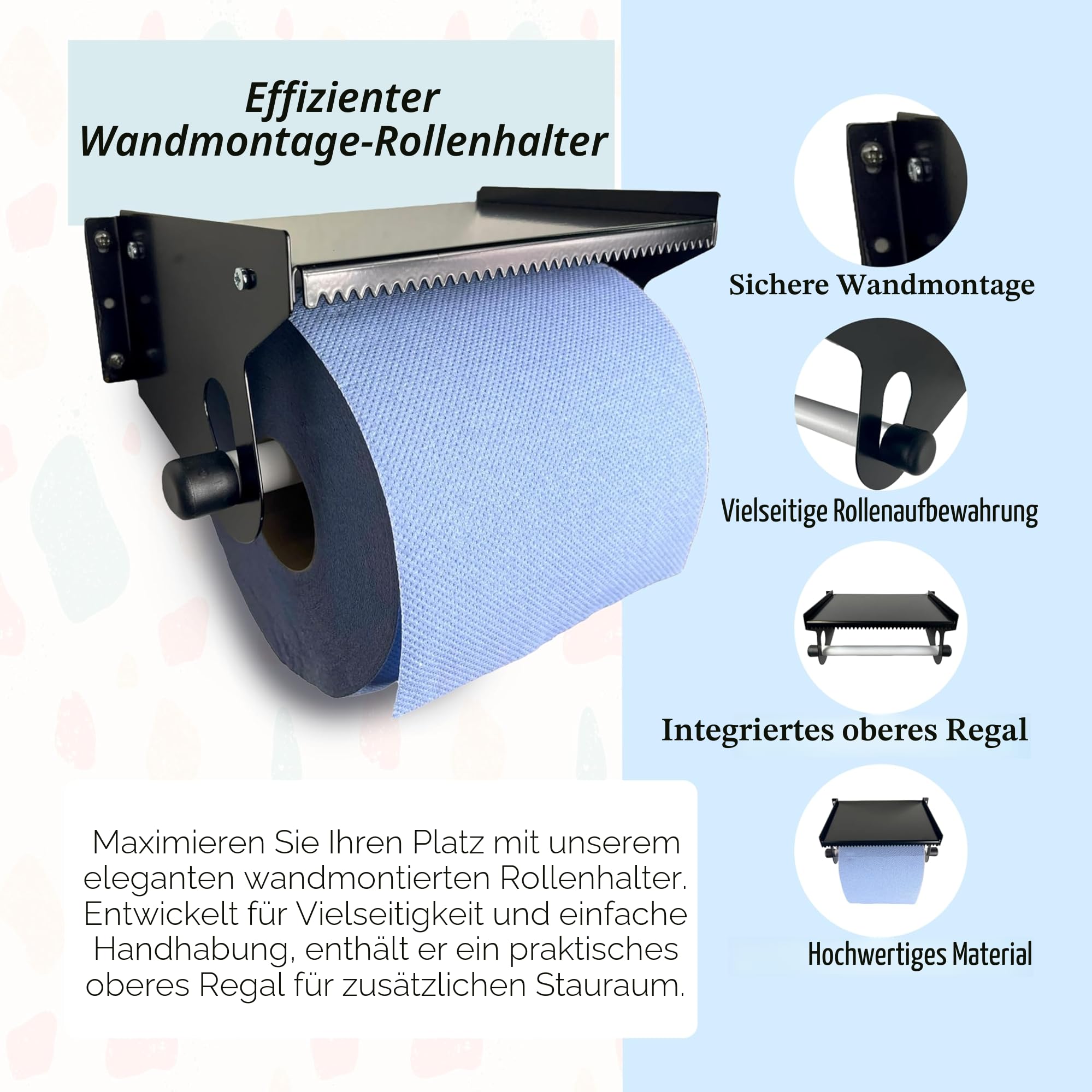 Blauer Rollenhalter und Papierhandtuchhalter, Wandmontage, schwarzer Spender aus gebürstetem Stahl, robuster Metallhalter für Küche, Garage, Werkstatt oder Restaurant