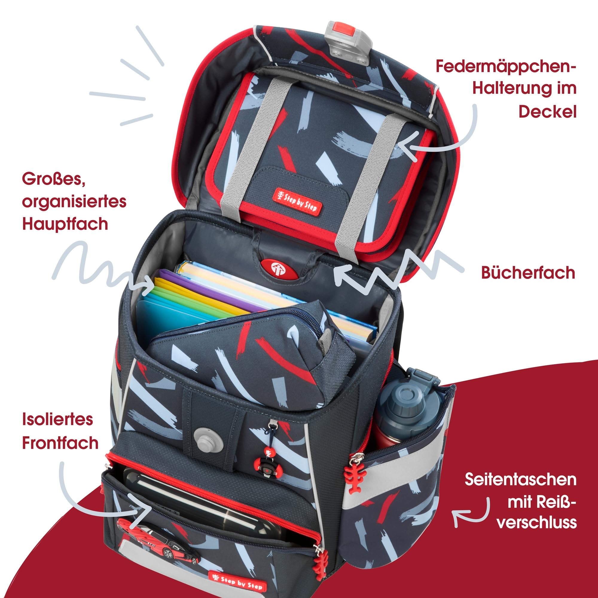 Step by Step Schulranzen-Set SPACE „Sports Car Mick“ 5-teilig, grau-rot, Auto-Design, ergonomischer Tornister mit Reflektoren, höhenverstellbar mit Hüftgurt für Jungen ab der 1. Klasse, 20L