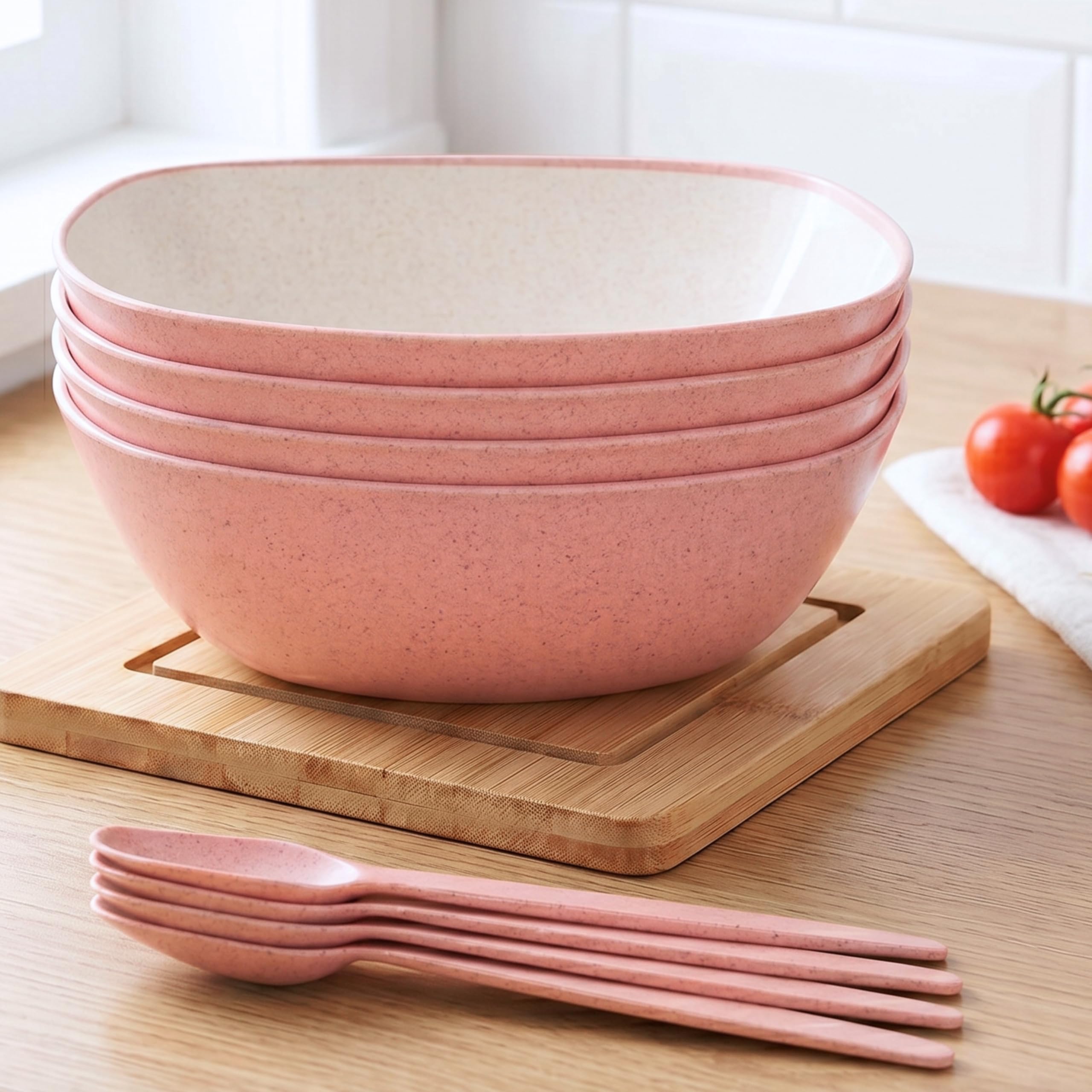 Eha Set of 4 Earth-Friendly Multipurpose Bowls for Kitchen with Spoons | 750 ml | Made with Rice Husk Biocomposite| Microwave Safe Bowl | for Hot & Cold Serving Bowl Set | Innocent