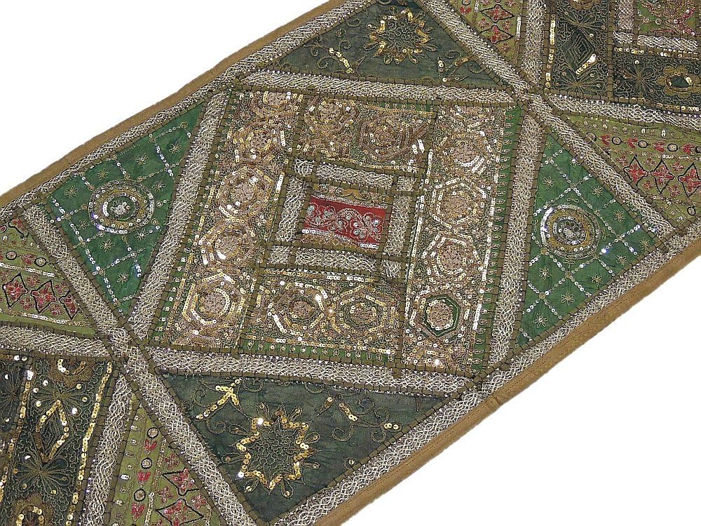 Khaki and Green Ethnic Wall Hanging Decoration - Indian Embroidered Sequin Patchwork Tapestry Runner ~ 60 Inch X 20 Inch