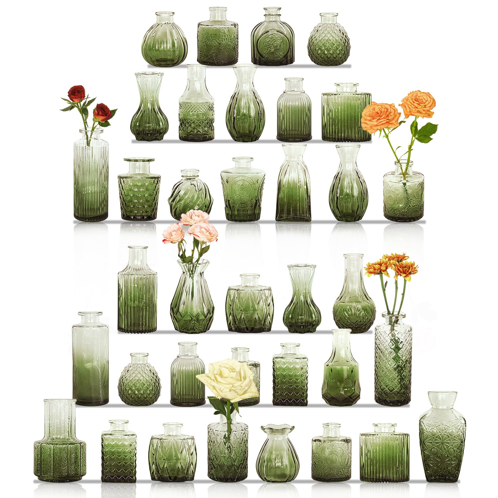 36Pcs Bud Vases Set Small Vintage Glass Bottles Bud Vases in Bulk Multiple Shape Cute Glass Vases for Rustic Wedding Centerpieces Table Decorations