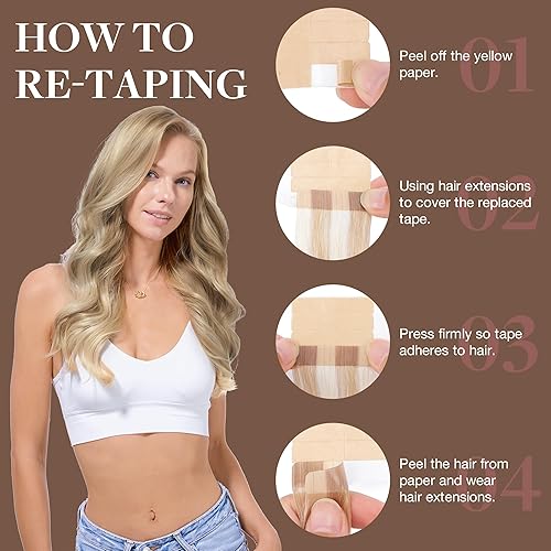 Miniatura 3 de GOO GOO Extensiones de cabello humano con cinta, 1622 rubio claro con reflejos rubios dorados, 10 pulgadas, 1.06 onzas, 20 unidades, trama de piel