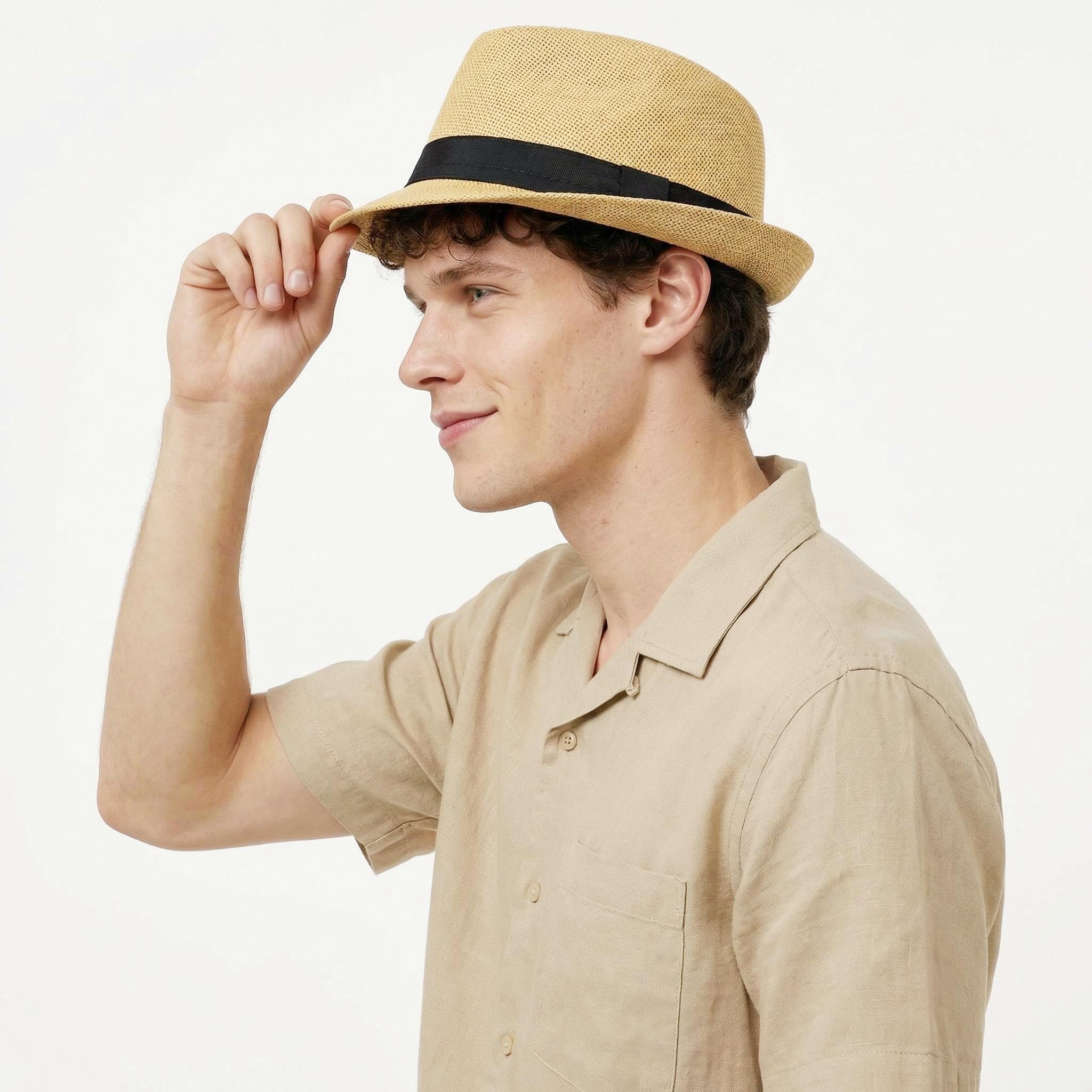 Straw Fedora Hat for Men Summer Short Brim Panama Hat Beach Casual — view 5