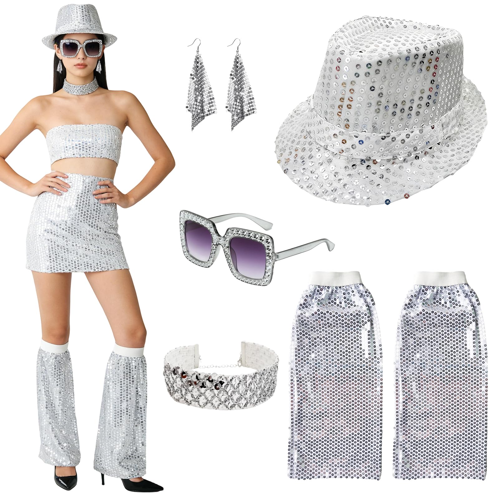 5Pcs 70s Disco Accessories Set for Women 1970s Abba Fancy Dress Costume Accessories with Sequin Hat Leg Warmers Bling Sunglasses Earrings Necklace abba outfits for Adults Carnivals Disco Party
