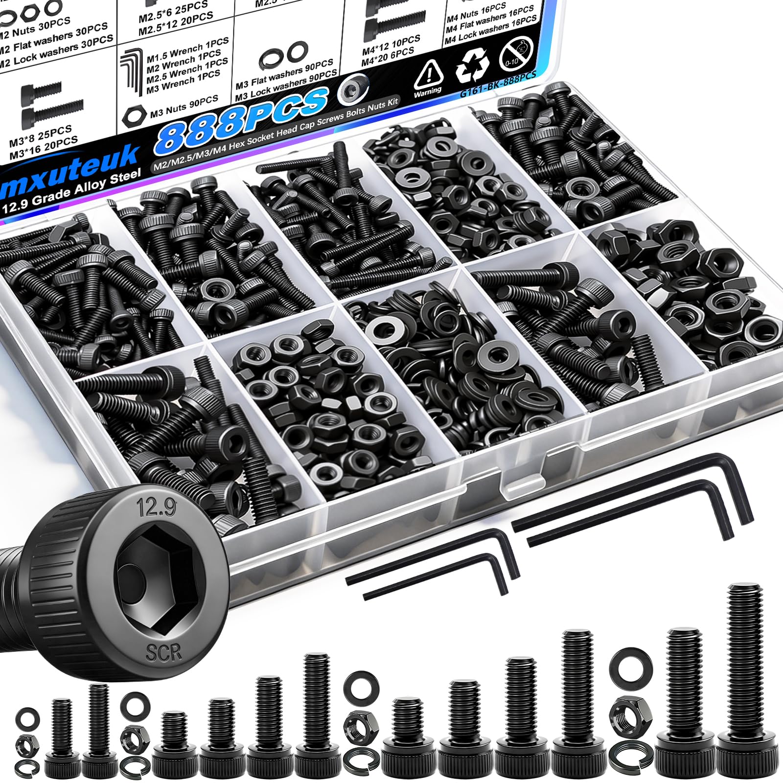 mxuteuk 720PCS M3 Screws Kit,M3×6/8/10/12/16/20mm M3 Screws Assortment Kits,12.9 Alloy Steel M3 Hex Socket Head Bolts Nuts Washers Set Suitable for 3D Printer,DIY — Amazon image 11