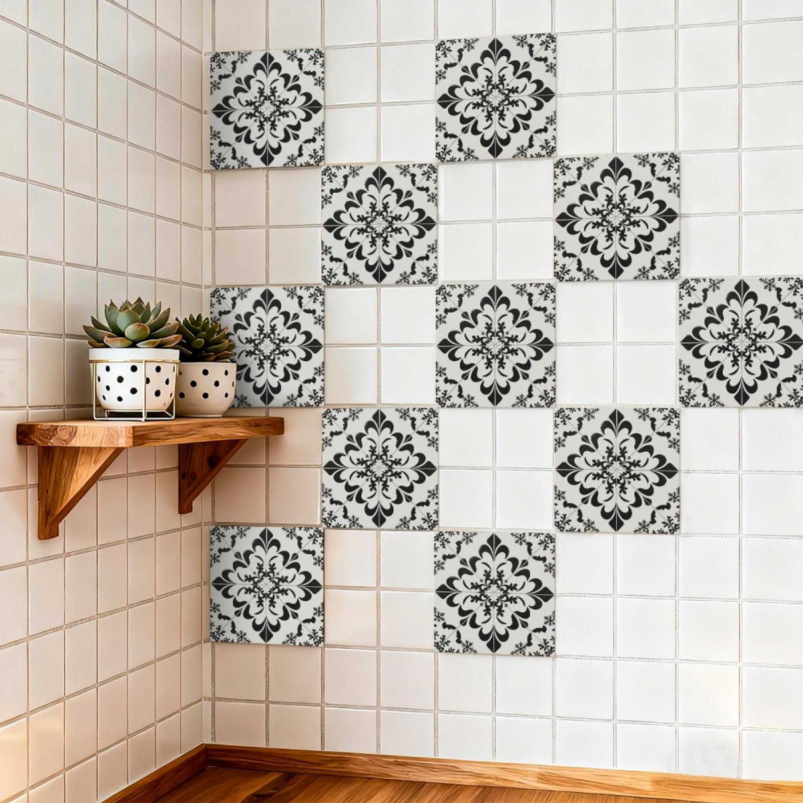 Tile Stickers Beige Black Stick on Kitchen Tiles Self Adhesive Wall Tiles PVC Peel and Stick Tile Covers Transfers Oil-Proof Kitchen Splashbacks for Walls Removable 10x10cm/48 Pcs