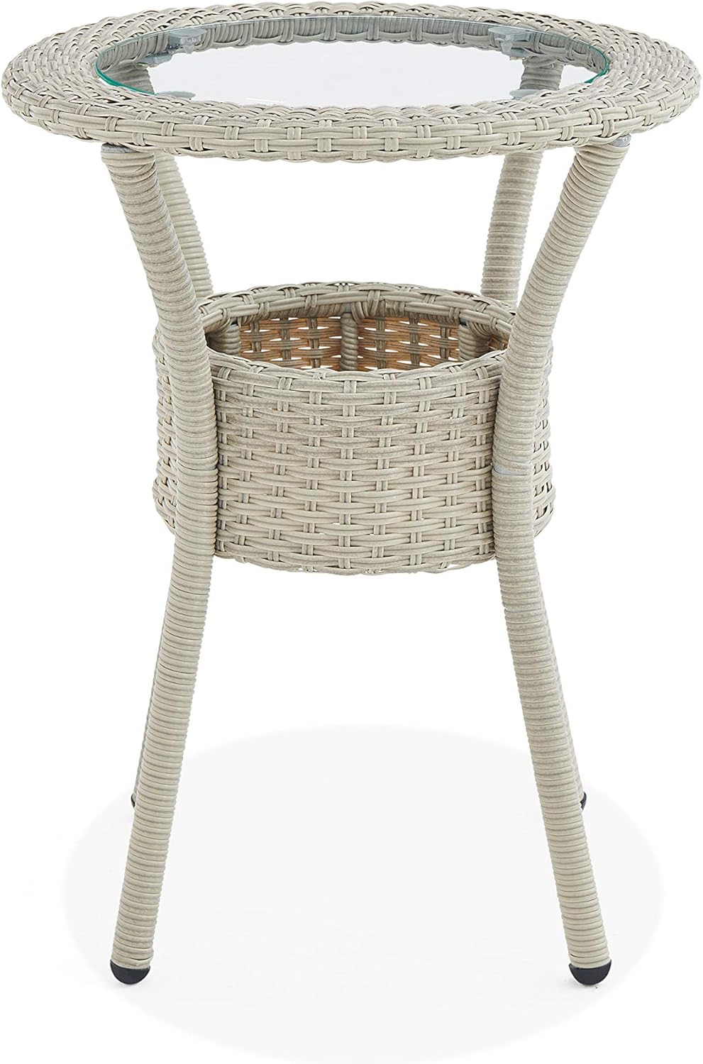 Beige Round Wicker Outdoor Accent Table with Glass Top and Storage