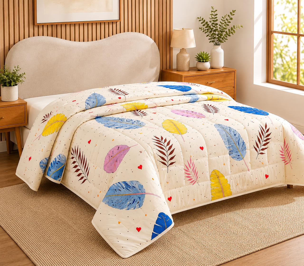 BSB HOME Snuggle Up 3.O Summer/All Season Printed Reversible Double Bed Glace Cotton Microfiber Comforter Blanket | Quilt |AC Dohar | Duvets - (120 GSM, Almond Big Leaf)