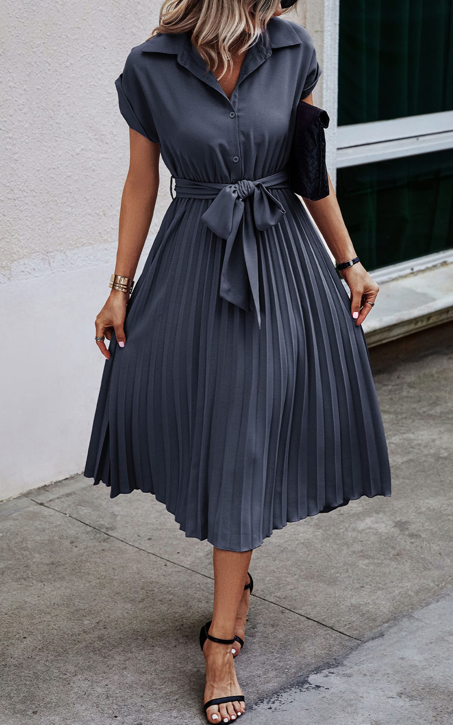 ASOMI Sommerkleid Damen Hemdkleid Kurzarm: Elegant Kurzarm Strandkleid Büro Wickelkleid Mode Hemdblusenkleid Lässig Blusenkleid Midikleid Knopf Plisseekleid V-Ausschnitt Gürtel