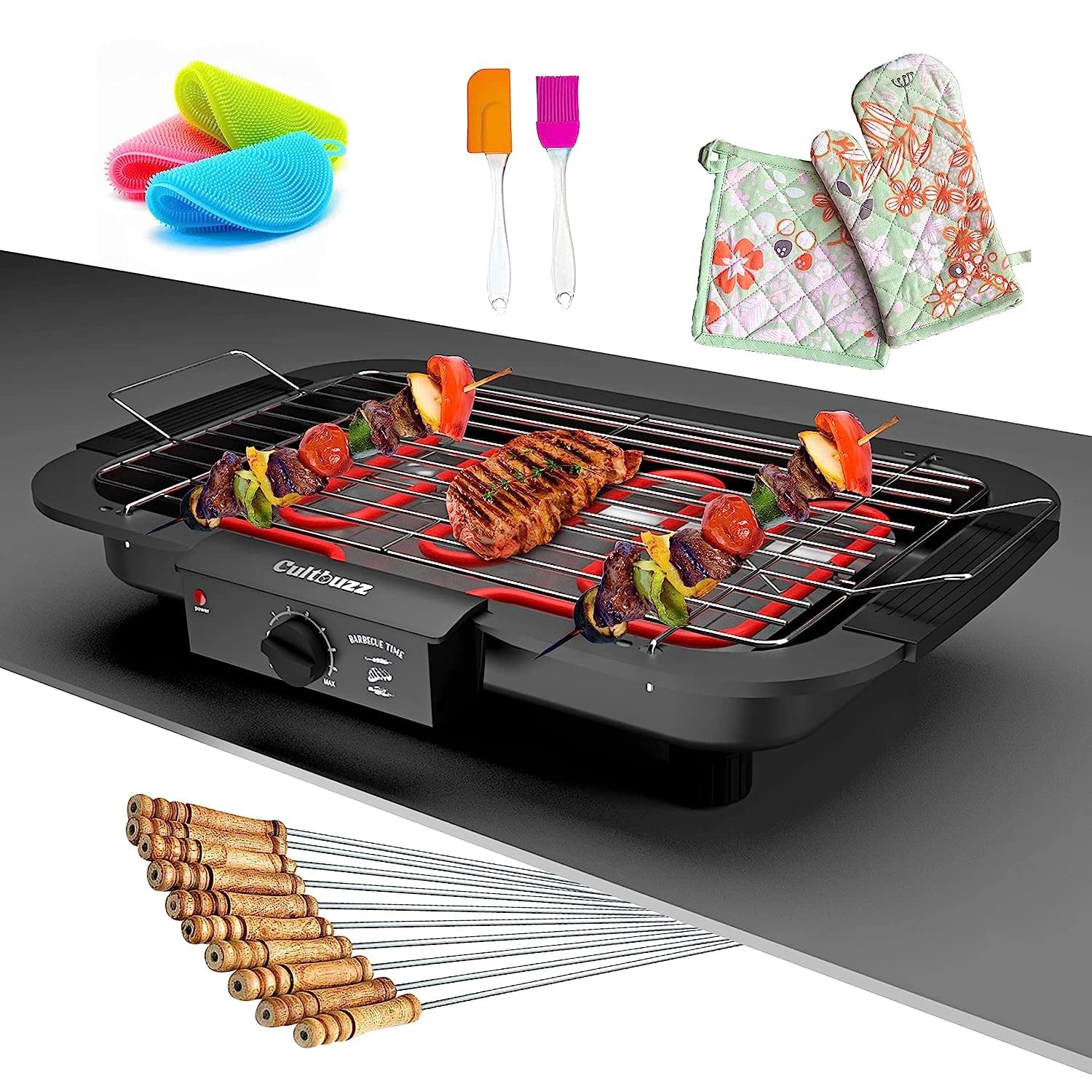 Cultbuzz Electric Barbecue Grill Smokeless Portable Adjustable Temperature Control 2000 Watt Indoor and Outdoor Water Filled Drip Tray Removable (BBQ Combo)
