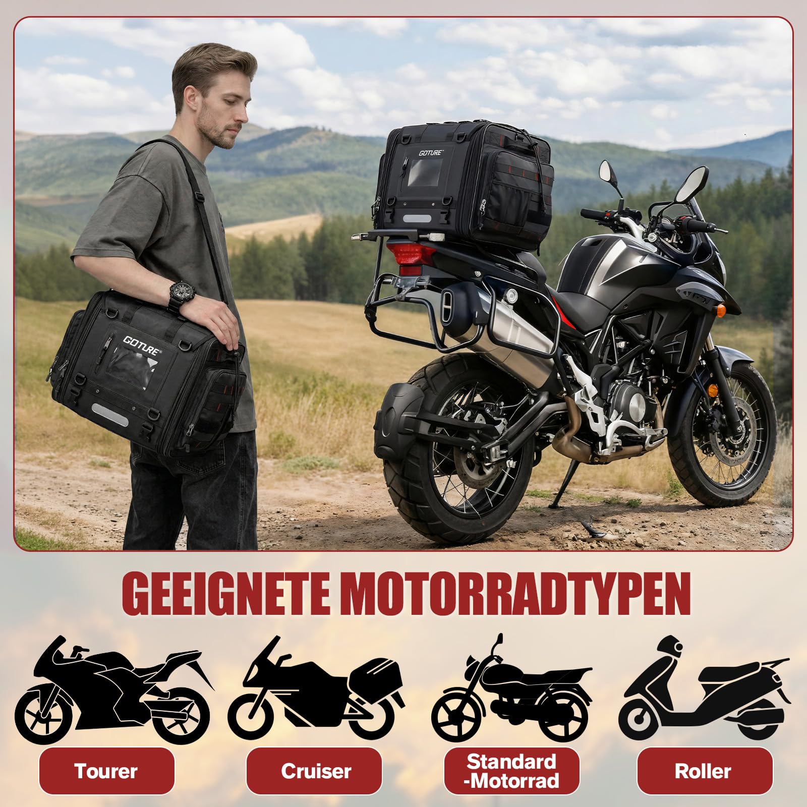 Goture Motorrad Hecktasche 50-70L Erweiterbar Wasserdicht 1000D Cordura | Formstabile Motorradtasche mit rutschfestem Boden für Touring, Reise & Camping - robust, langlebig & einfach zu montieren