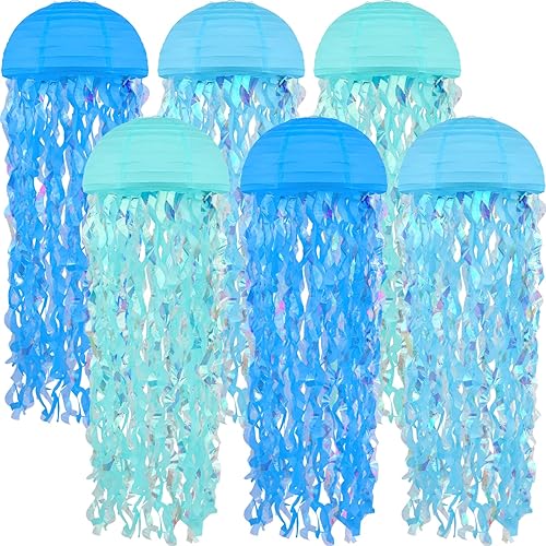 Faroles de papel de medusa, 6 paquetes de 10 pulgadas, decoraciones de fiesta bajo el mar, decoración de fiesta de sirena, baby shower, color azul