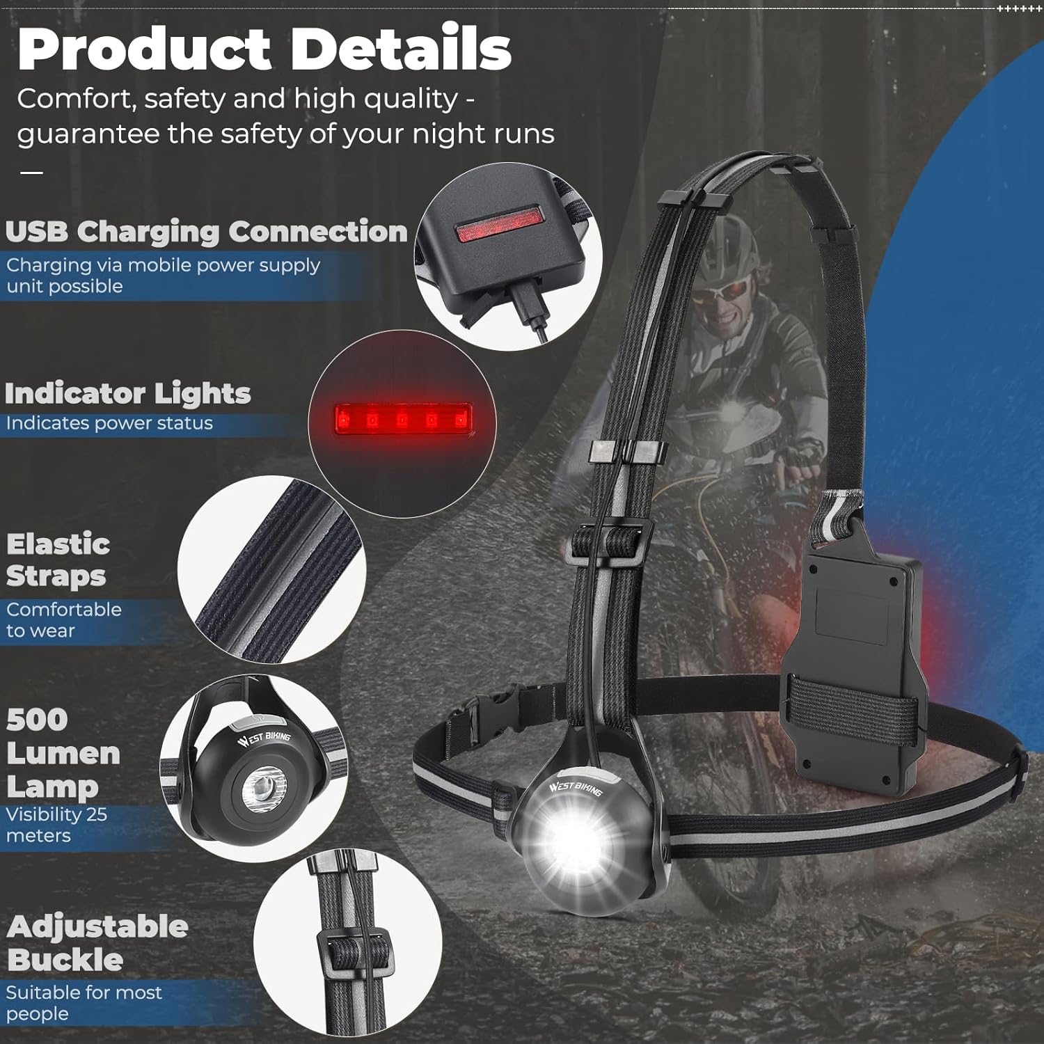 West Biking Night Running Lights, USB Rechargeable Chest Light with 90° Adjustable Beam Angle, 500 Lumens Waterproof Ultra Bright SafetyLamp with Reflective Straps for Runner - Image 3
