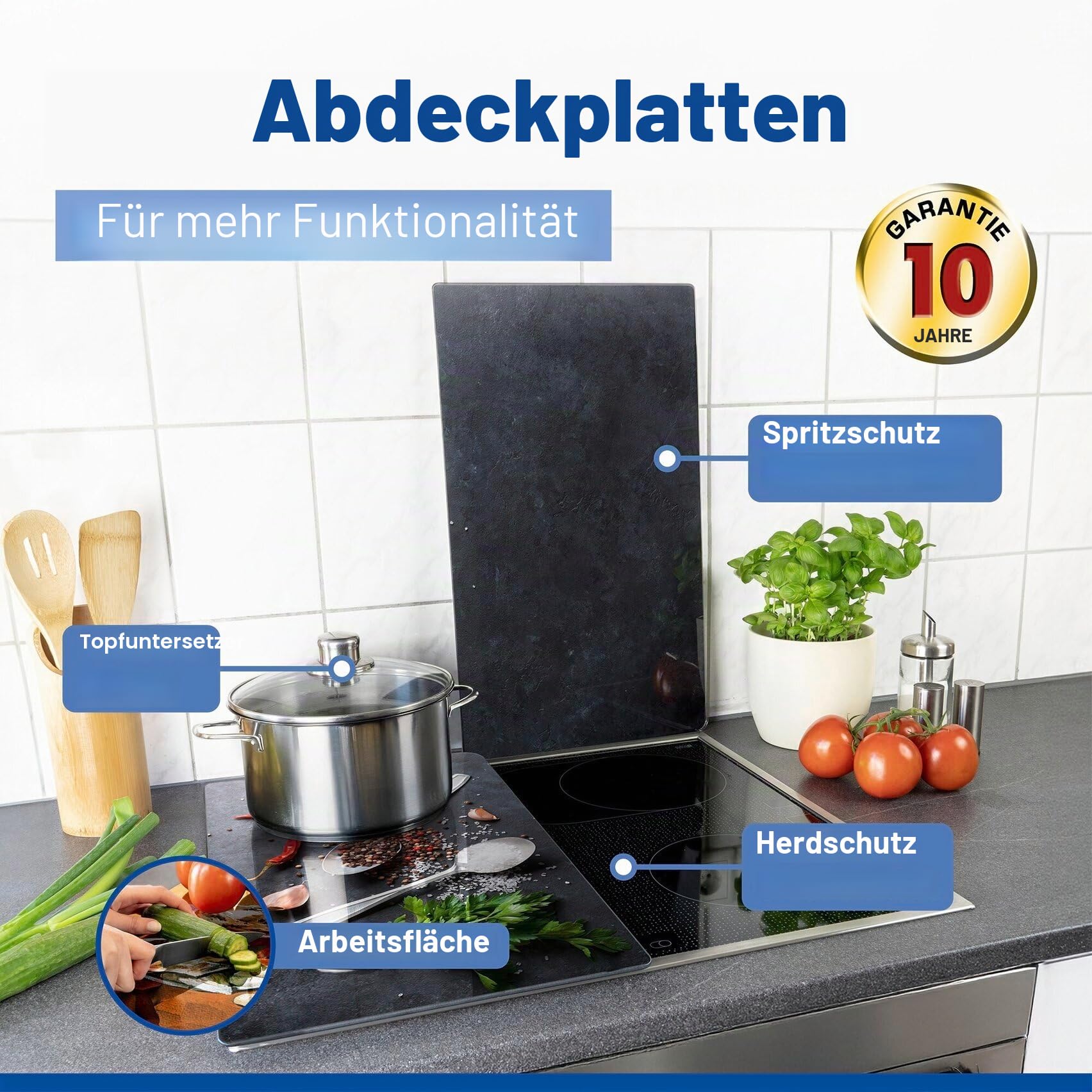 Allstar Herdabdeckplatte aus Glas, 2er Set, für Glaskeramik- und Induktionskochfelder, Herdabdeckung, Glasschneidebrett & Spritzschutz für die Küchenwand mit Motiv, 30 x 52 cm, Mod. Basilikum