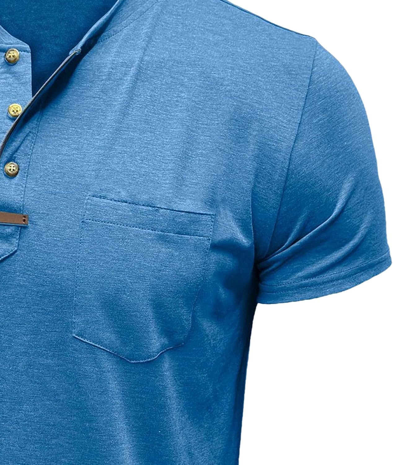 Men Round Neck Henry Collar Casual Shirt Quarter Button Chest Pocket T Shirt Summer Classic Sport Pullover Tops