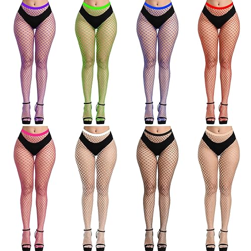 FEPITO 8 Pairs Fishnets Stockings Mesh Thigh High Pantyhose High Waist Fishnet Tights for Women (8 Colors)