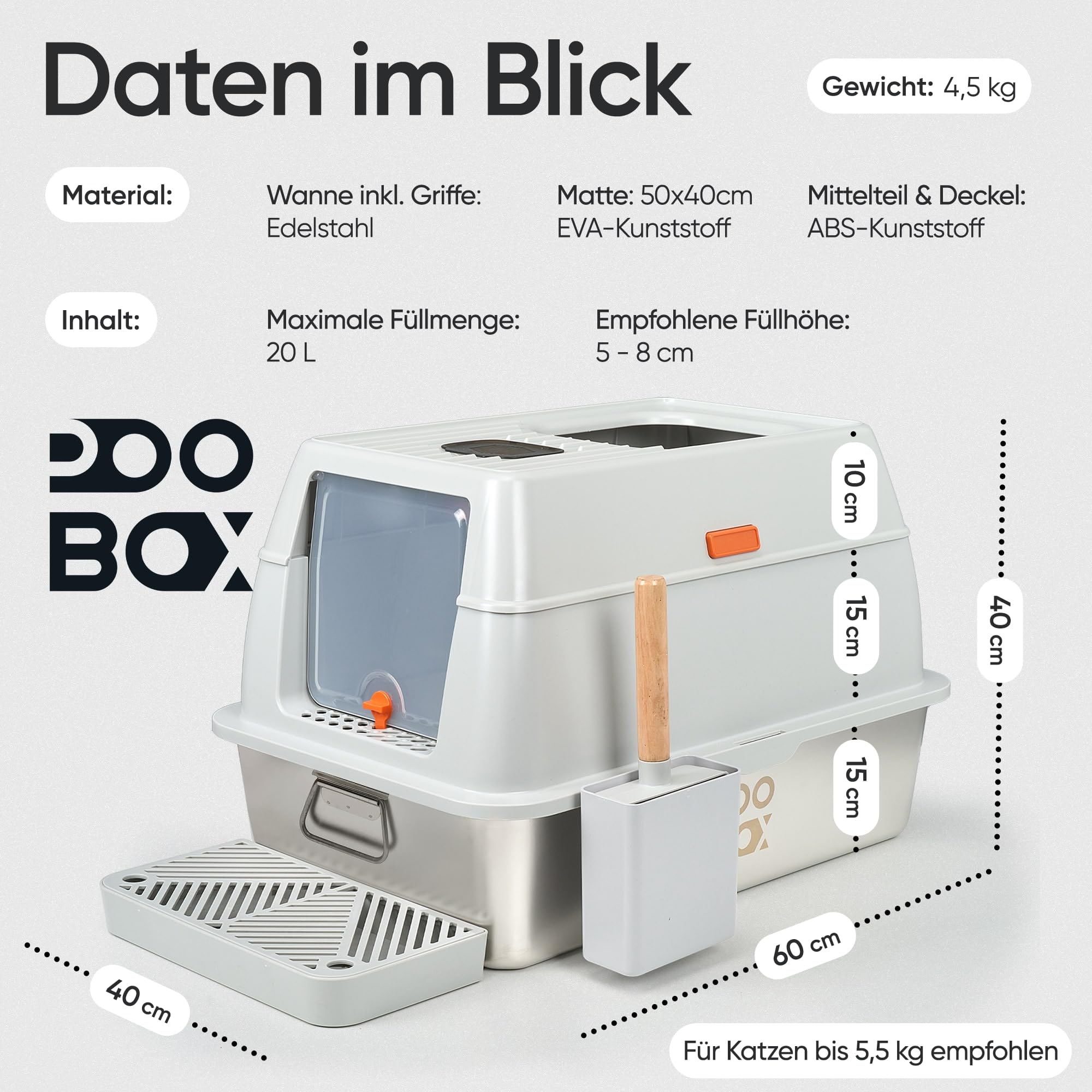 Lettiera per gatti in acciaio inox con coperchio a tenuta stagna, 3 in 1, chiusa, aperta, con filtro antiodore, tappetino e gradino, in acciaio inox, per gatti