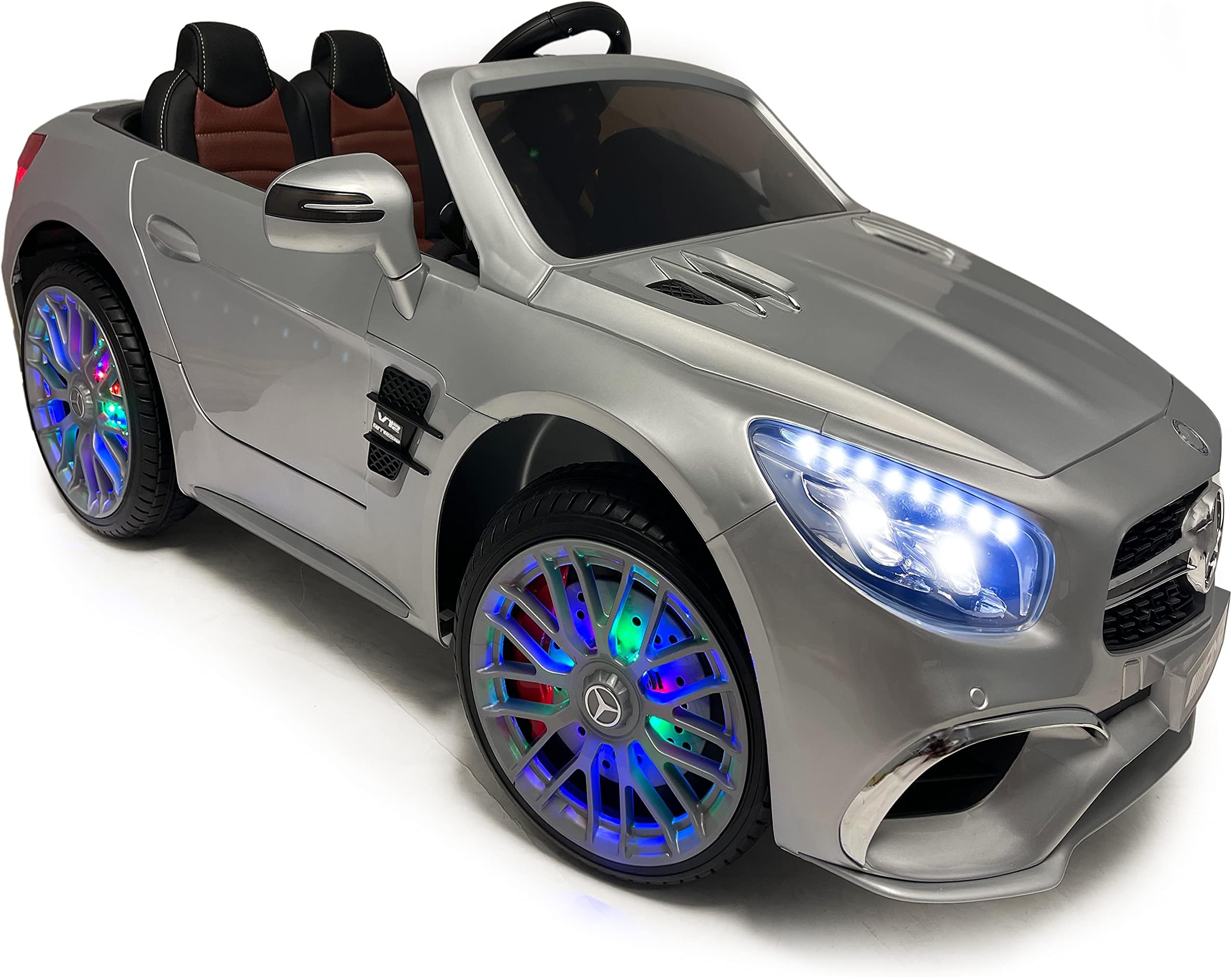 Americas Toys Kids Car with Remote Control, Mp4 Touch Screen, LED Wheels, Leather Seat – Electric Car for Kid to Drive, Open Trunk, Pull Handle, Compatible with Mercedes Benz Painted Silver