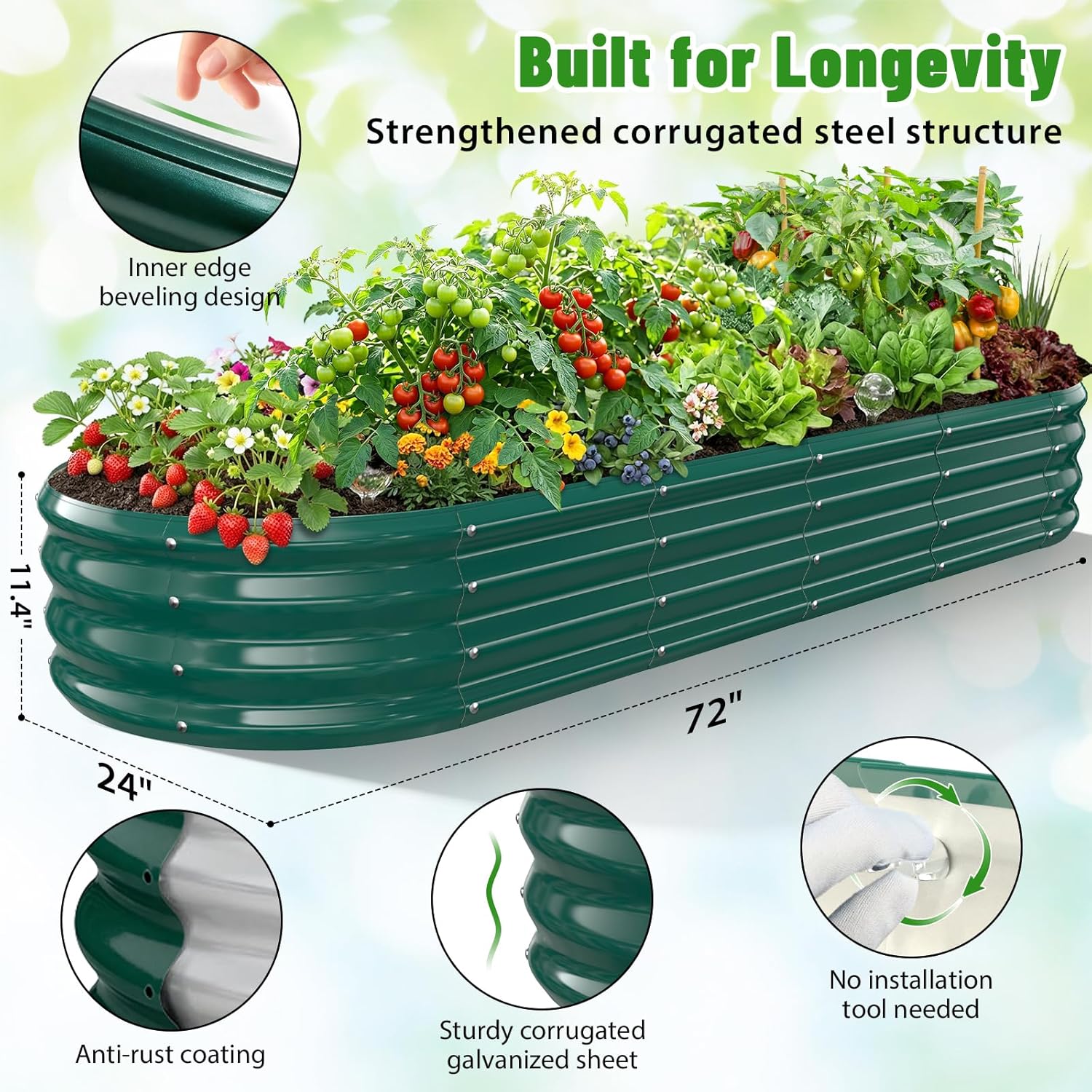 Oval Raised Garden Bed, 6 x 2 x 1FT, Galvanized Steel Planter Box with Wave-Shaped Metal Panels Painted for Outdoor Flower,Tree,Herb & Vegetable Garden (Green, 72X24X12 inches)
