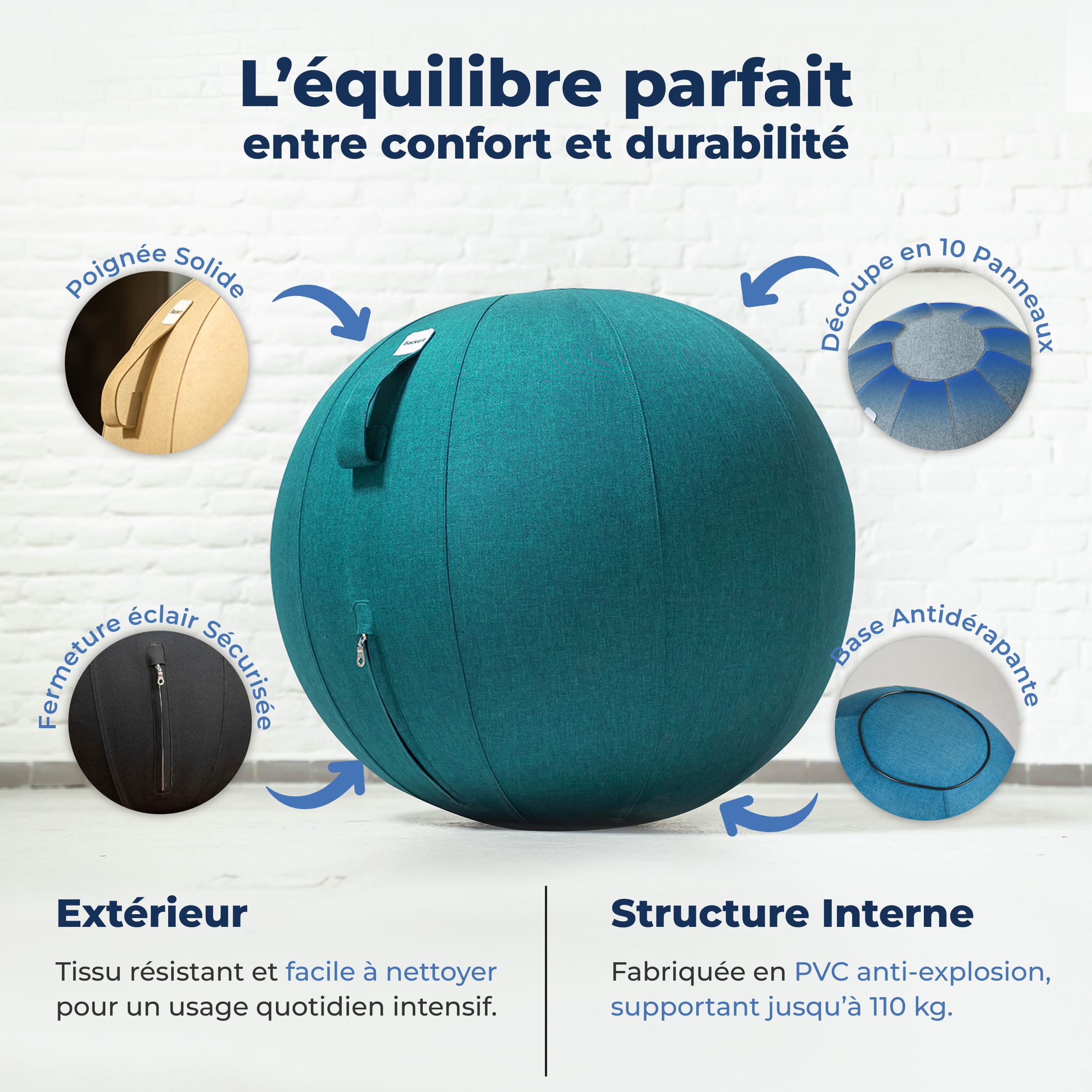 Ballon Ergonomique Bureau 55CM 65CM 75CM Capacité 110kg Housse Lin Lavable Bonne Posture