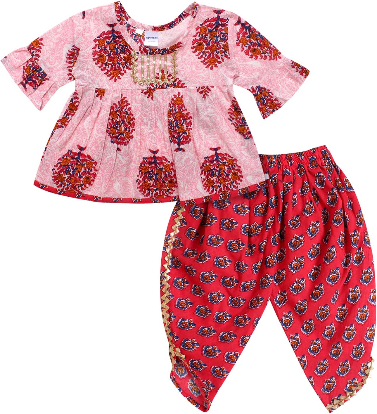 superminis Baby Girls Jaipuri Print Frock Style Kurti with Frill Sleeves and Dhoti Style Salwar with Elastic Closure Ethnic Dress