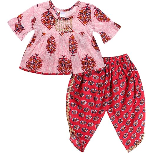 superminis Cotton Blend Baby Girl's Jaipuri Print Frock Style Kurti With Frill Sleeves And Dhoti Style Salwar With Elastic Closure Ethnic Dress Clothing Set