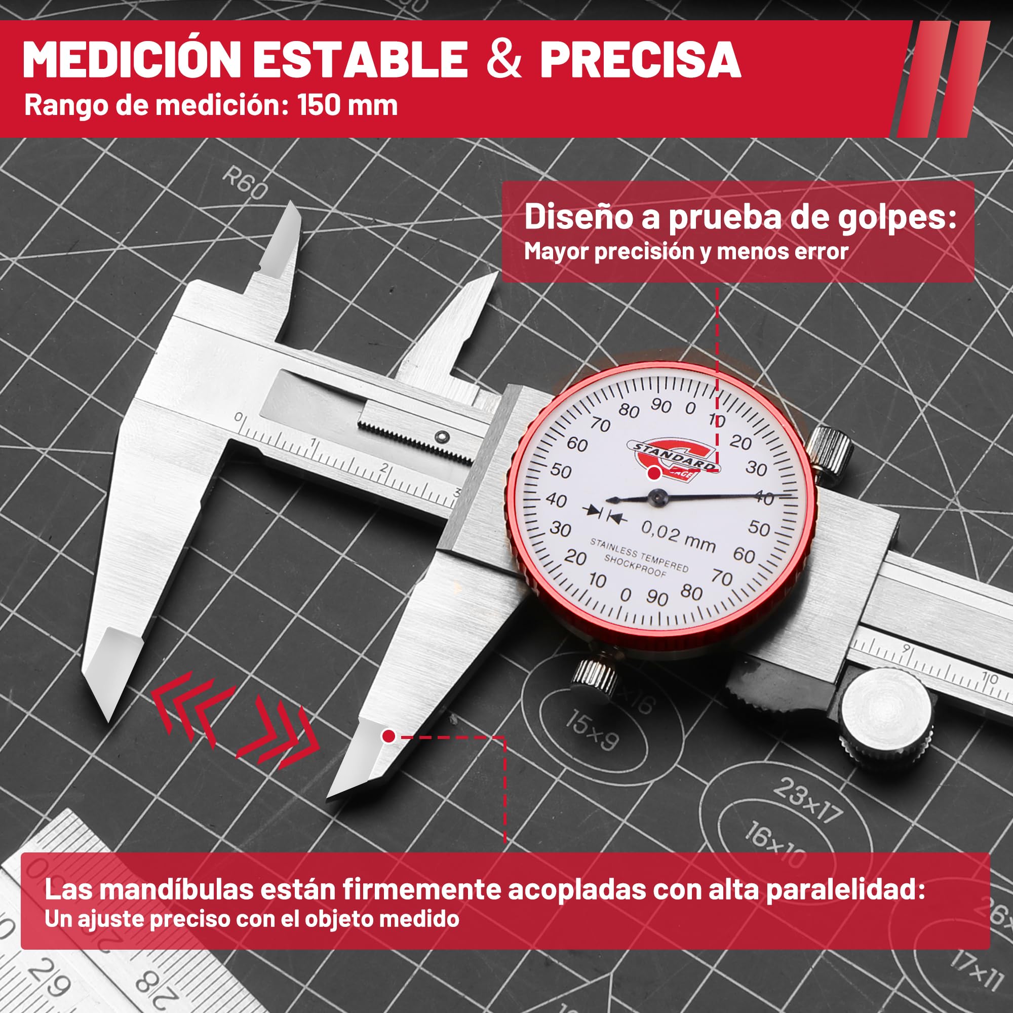 Calibres con Dial, Calibrador con Reloj 150mm, Calibrador Métrico con Reloj, Lectura 0,02 mm, Medidor de Precisión de 4 Formas de Medición, Herramienta de Medición, DIY