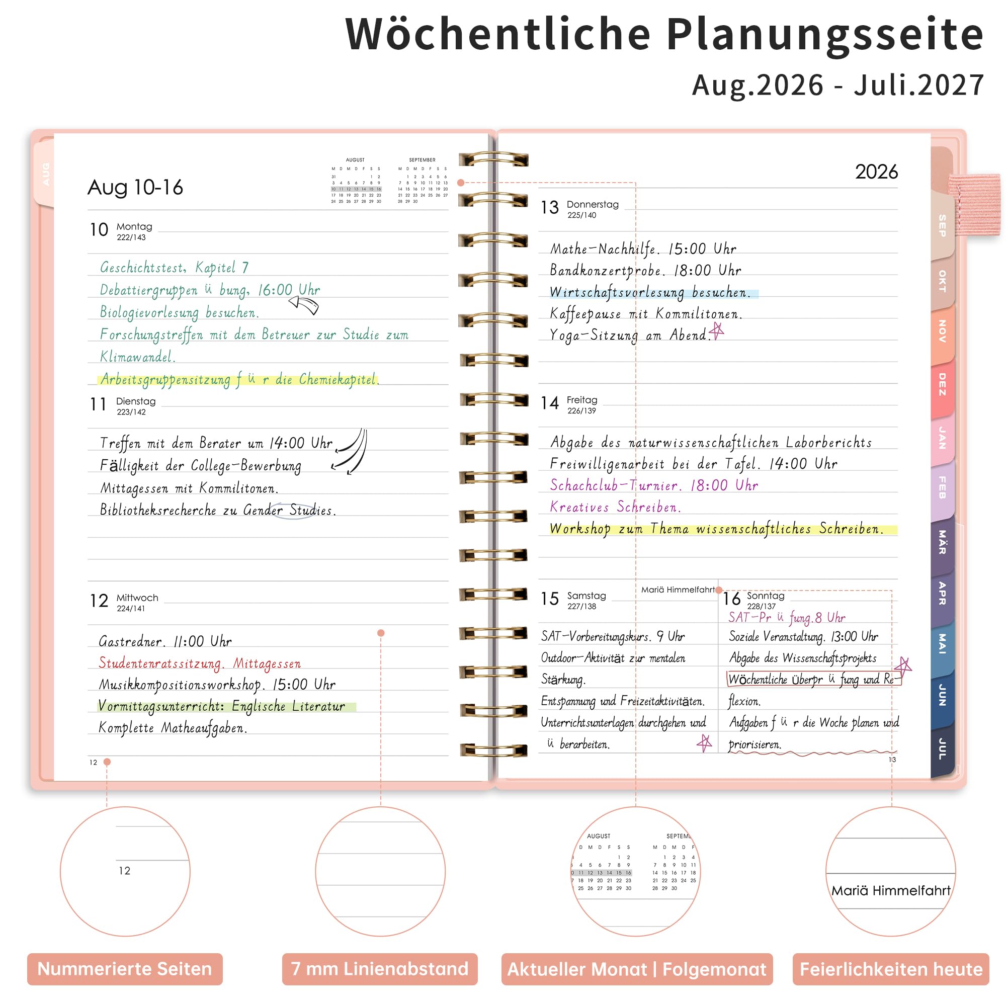 RETTACY Kalendarz 2026/2027 – planer tygodniowy A5, planer szkolny 26/27, terminarz do szkoły, sierpień 2026-lipiec 2027, planer na naukę i na co dzień (różowy)