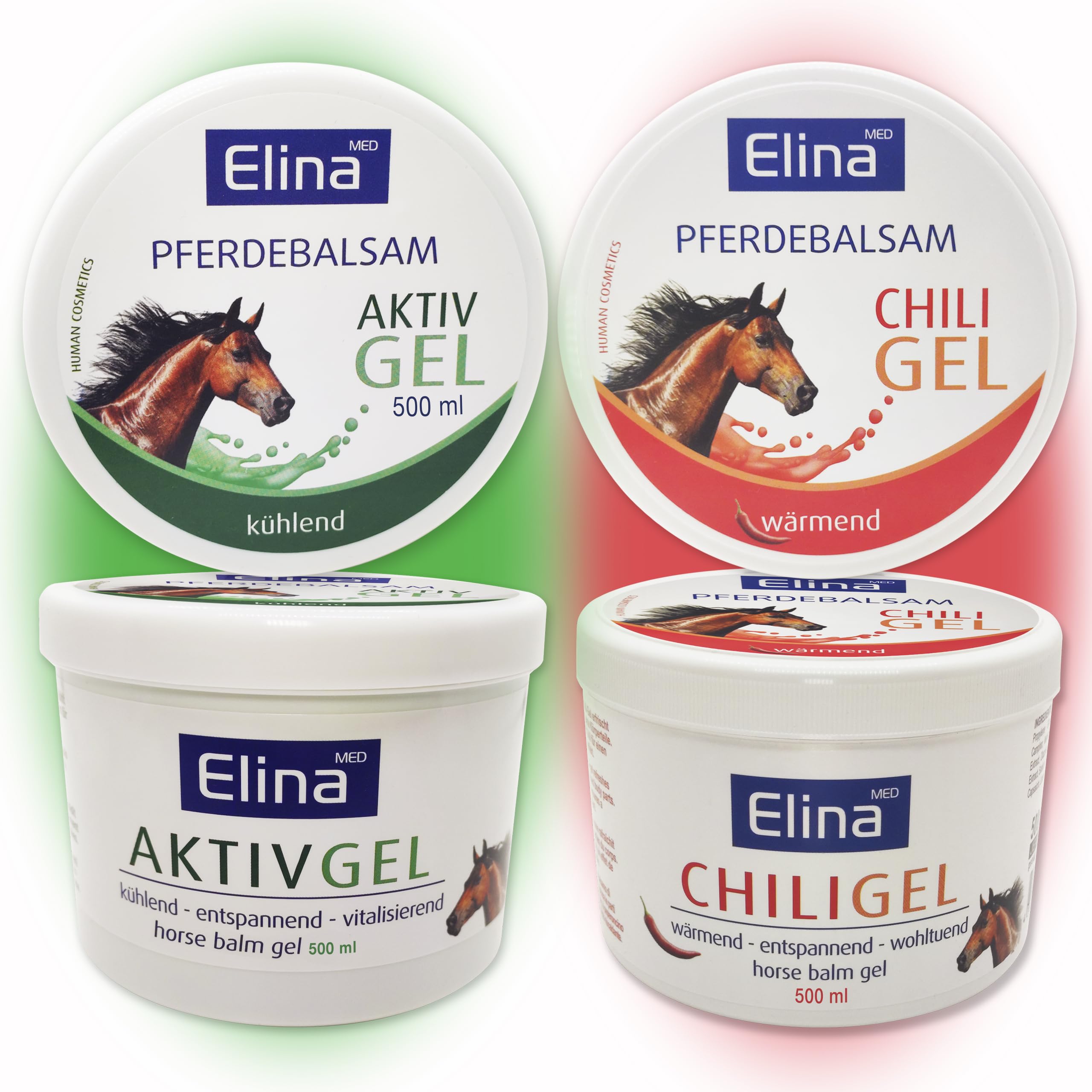 2 Gel Balsamo de Caballo, 1 Gel Efecto Calor + 1 Gel Efecto Frío, Gel Masaje, Crema Masaje, Crema Dolores Musculares y articulaciones, Mejora Circulación, Contiene Extracto de Arnica Montana.