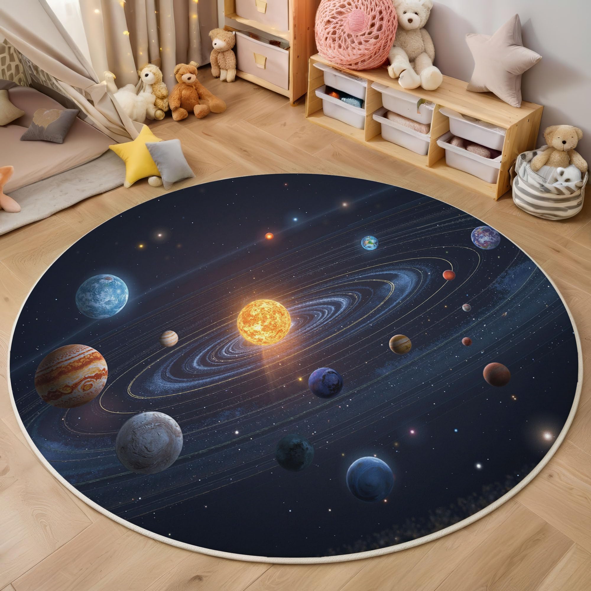 Tapis pour enfant rond 160cm doux univers galaxie planètes