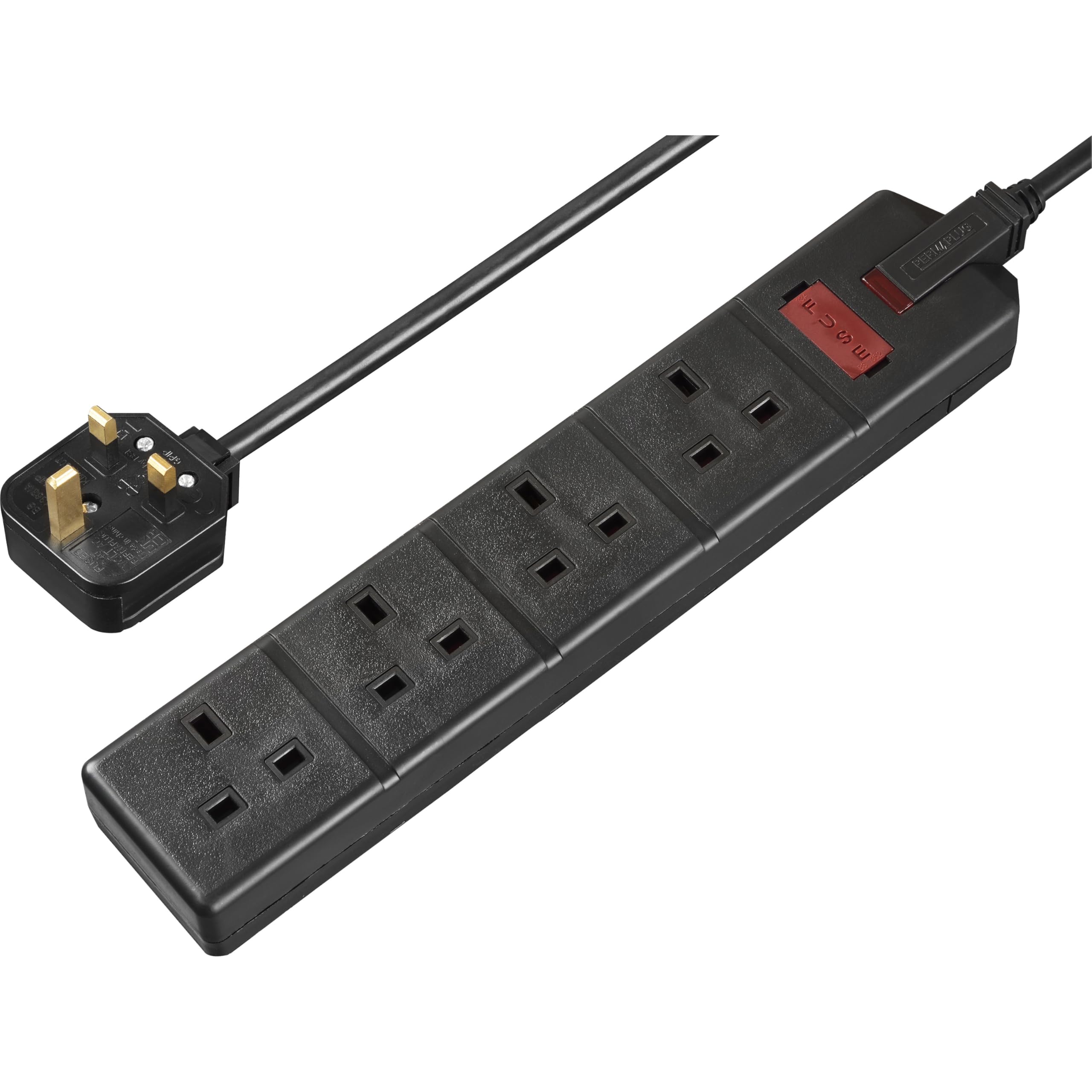Masterplug Four Socket Extension Lead, 2 Metre Cable, LED Power Indicator, Unswitched, Heavy Duty, Rewireable, Power Strip, Work Power, Permaplug, Black, 13A, 4G, 2m, EXS1342B