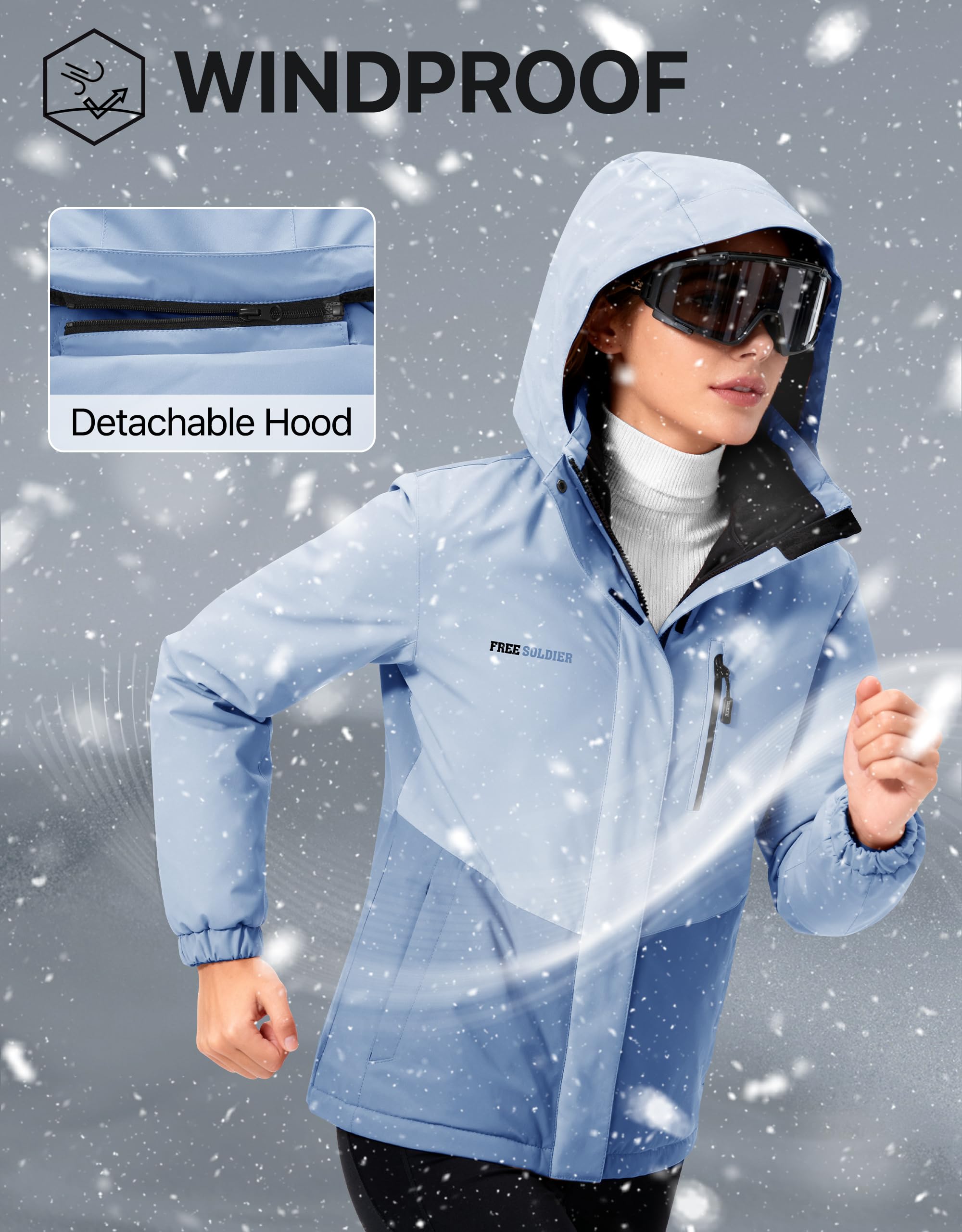 FREE SOLDIER Damen Wasserdichte Skijacke Fleece Gefüttert Warm Winter Schneemantel Winddicht Kapuze Regenmantel