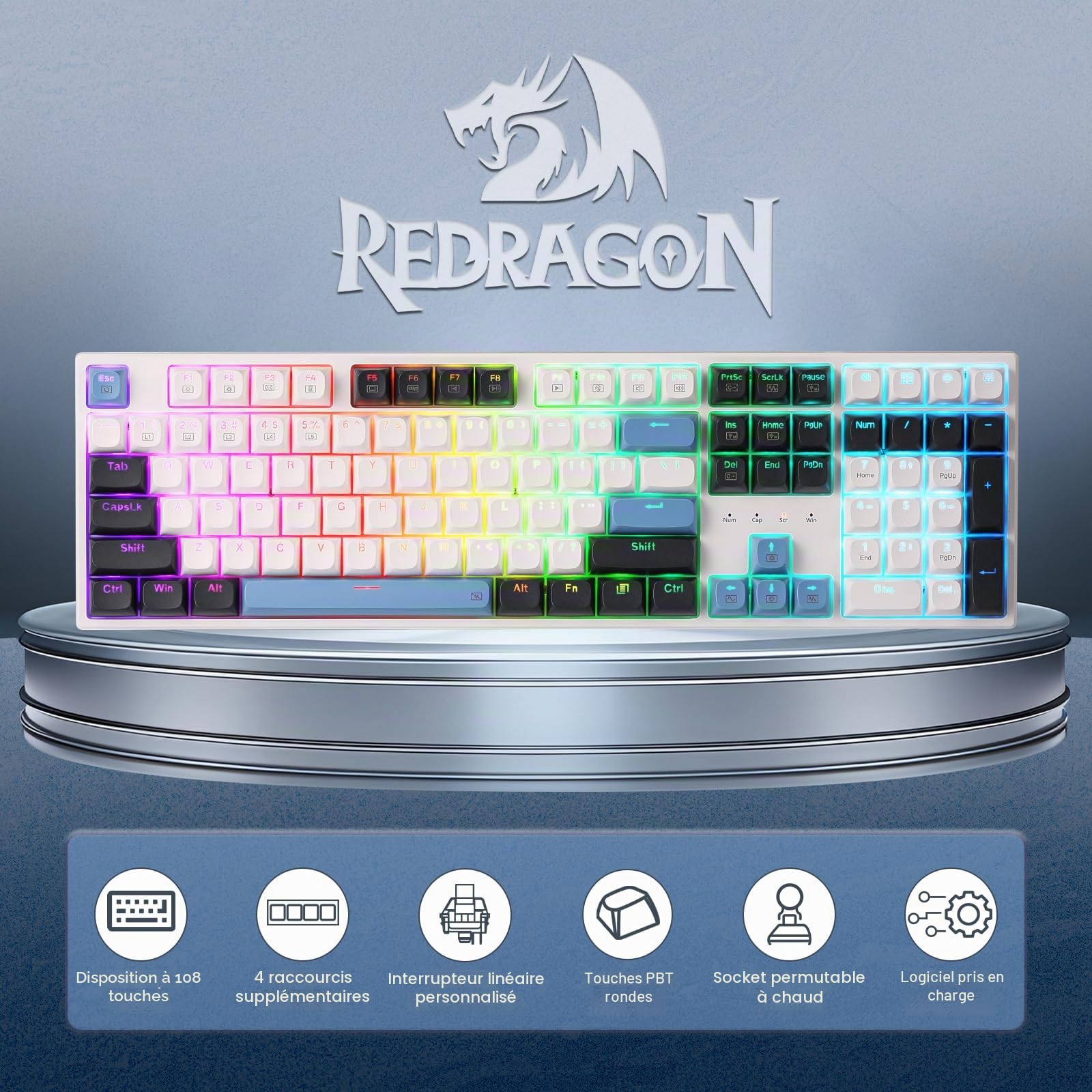 Redragon K668 Clavier Mecanique Filaire Gasket 108 Touches Hot Swap RVB | Clavier mecanique filaire Gasket 108 touches 4 raccourcis hot swap mousse touches couleurs disposition US