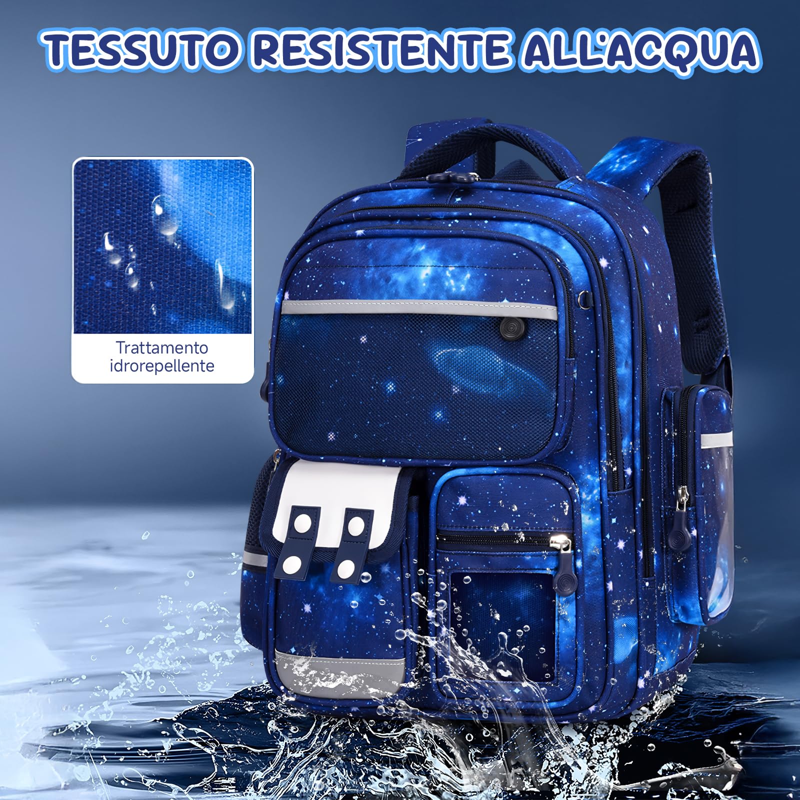 Amythe Zaino Scuola Ergonomico Elementare Bambino, Zaini Bambino di 6-12 anni con Riflettente, Zainetto Ragazzo per la Scuola Impermeabile 25L, Blu Starlight