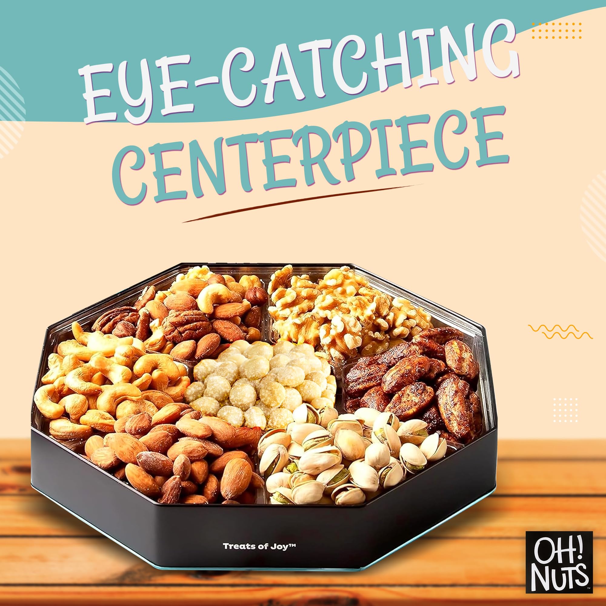 Oh! Nuts 7 Section Nuts Gift Basket - Gourmet Assorted Macadamia Nut Gifts Baskets - Healthy Nuts Gift Hexagon Metal Tin Box - Premium Food Gift for Holiday, Movie Night, Corporate, Men & Women