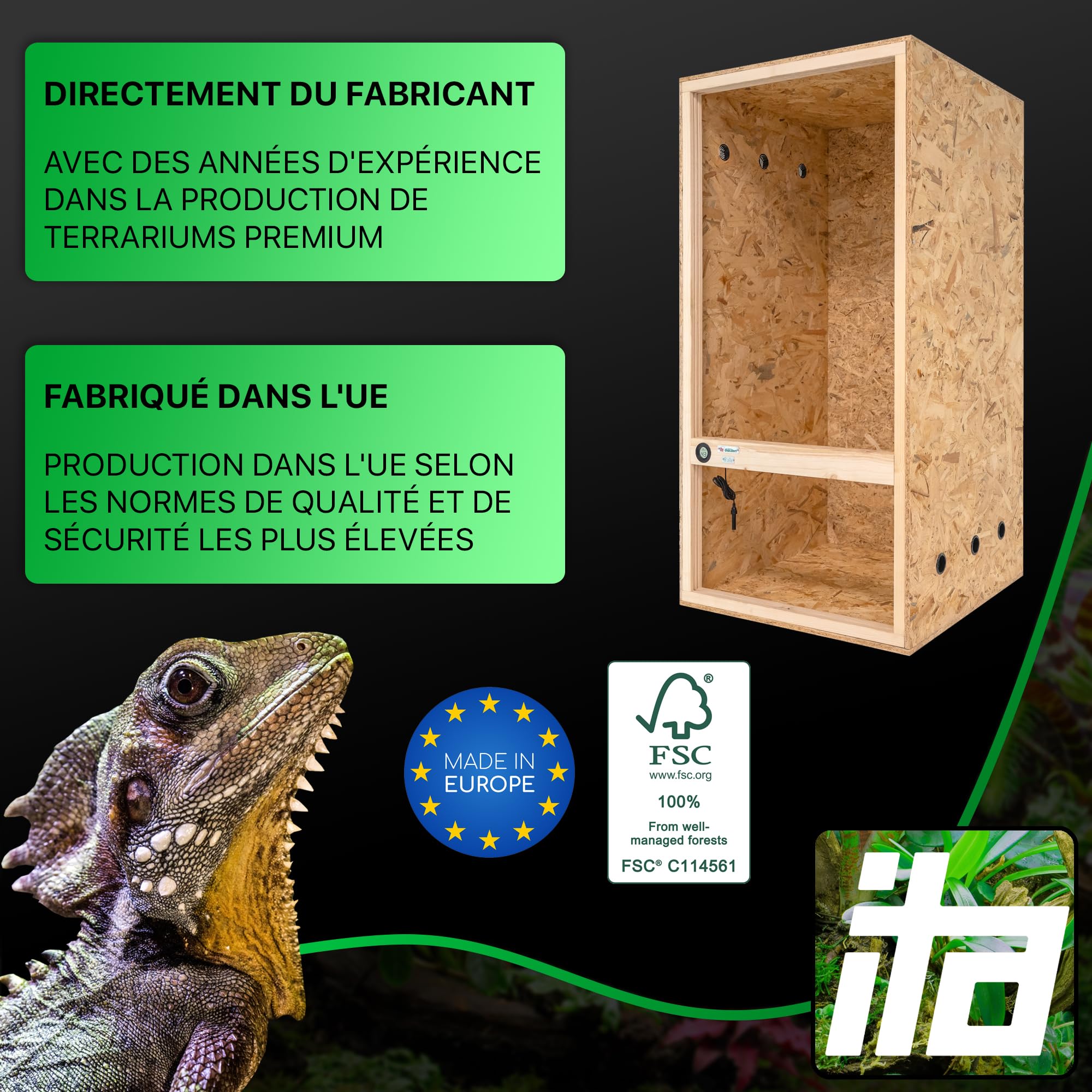 ITA Terrarium Haut 60x120x60 cm avec Ventilation latérale & hygromètre intégré - Terrarium en Bois OSB-3 - pour Reptiles, Serpents, Amphibiens - Produit UE, certifié FSC