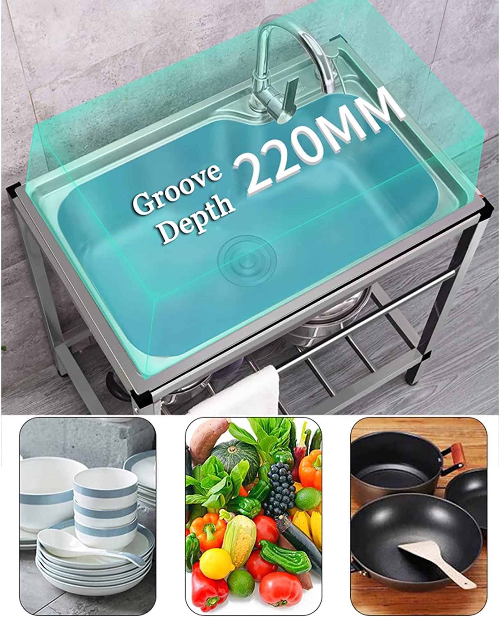 Fregadero utilitario de Acero Inoxidable de un Solo Seno, estación de Lavado de Manos Independiente para Exteriores, jardín, restaurantes y Uso Comercial, con Sistema antidesbordam