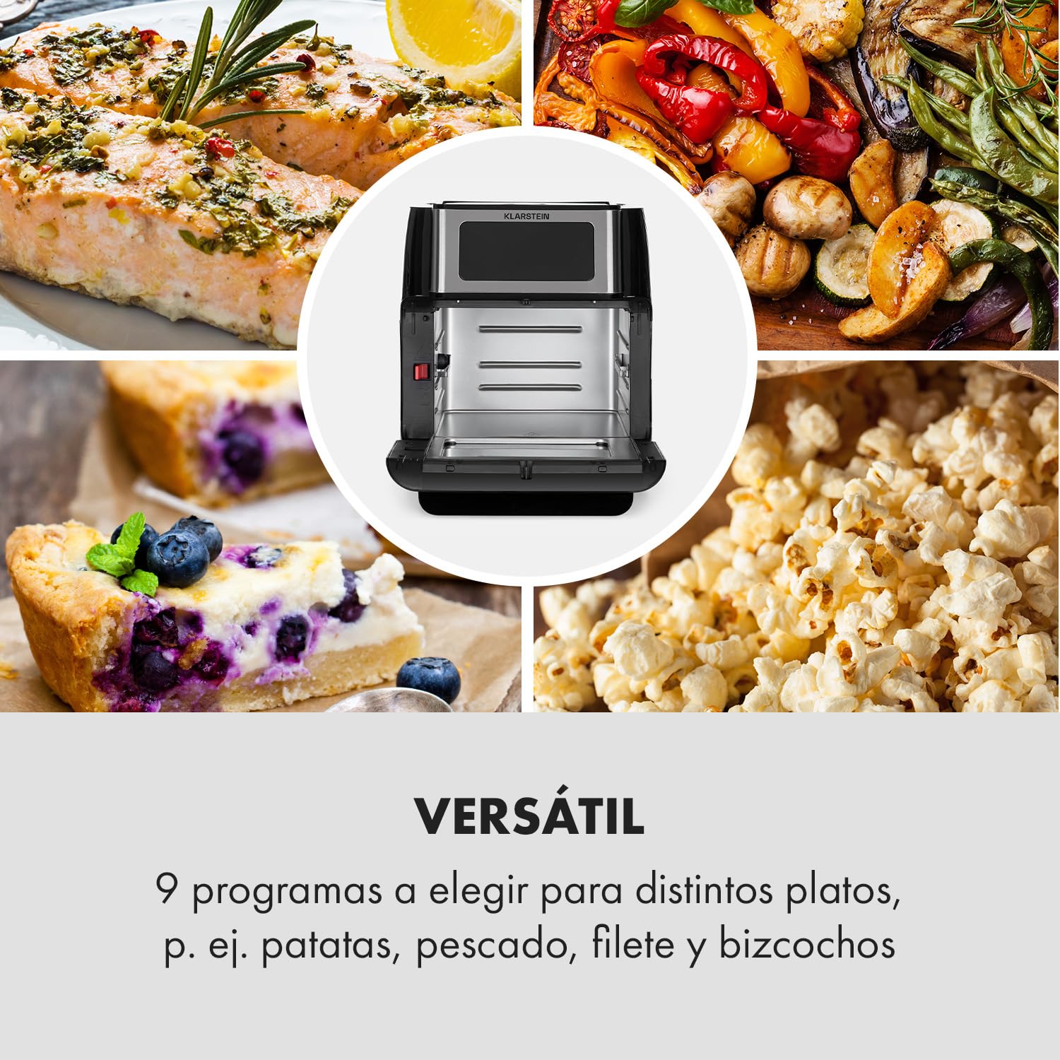 Klarstein AeroVital Fry - Freidora de Aire, 3D Heating System 1500 W, Volumen XL 10 L, 9 Programas, Carcasa Cool-Touch, Temporizador 60 min, Termostato hasta 220 C, Pantalla Tactil, Negro/Plata