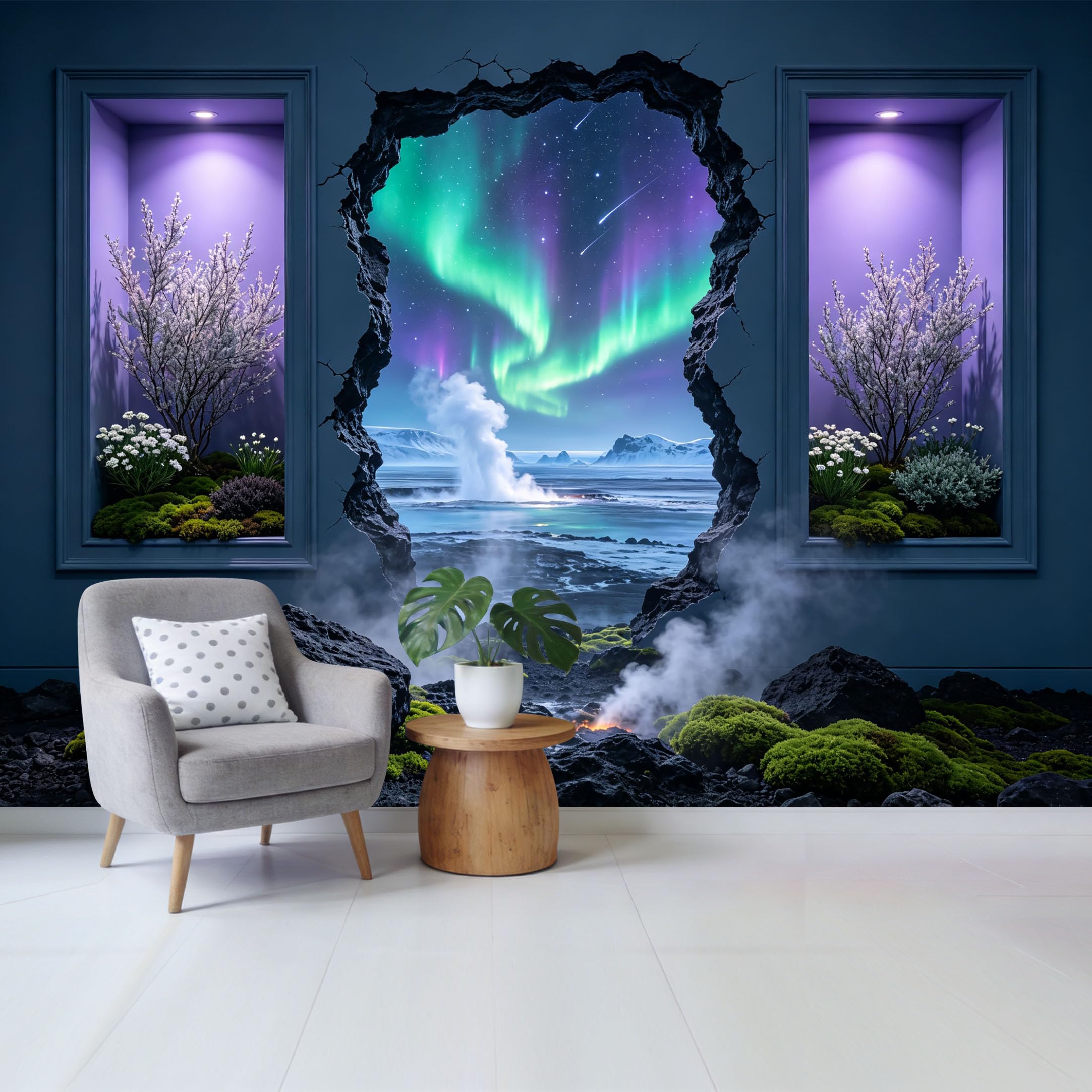 Removable Self Adhesive Fabric Mural， Aurora Borealis Mountain Lake Custom Size Wall Covering， UV Protected Waterproof Washable Wall Decor for Living Room Bedroom Bathroom