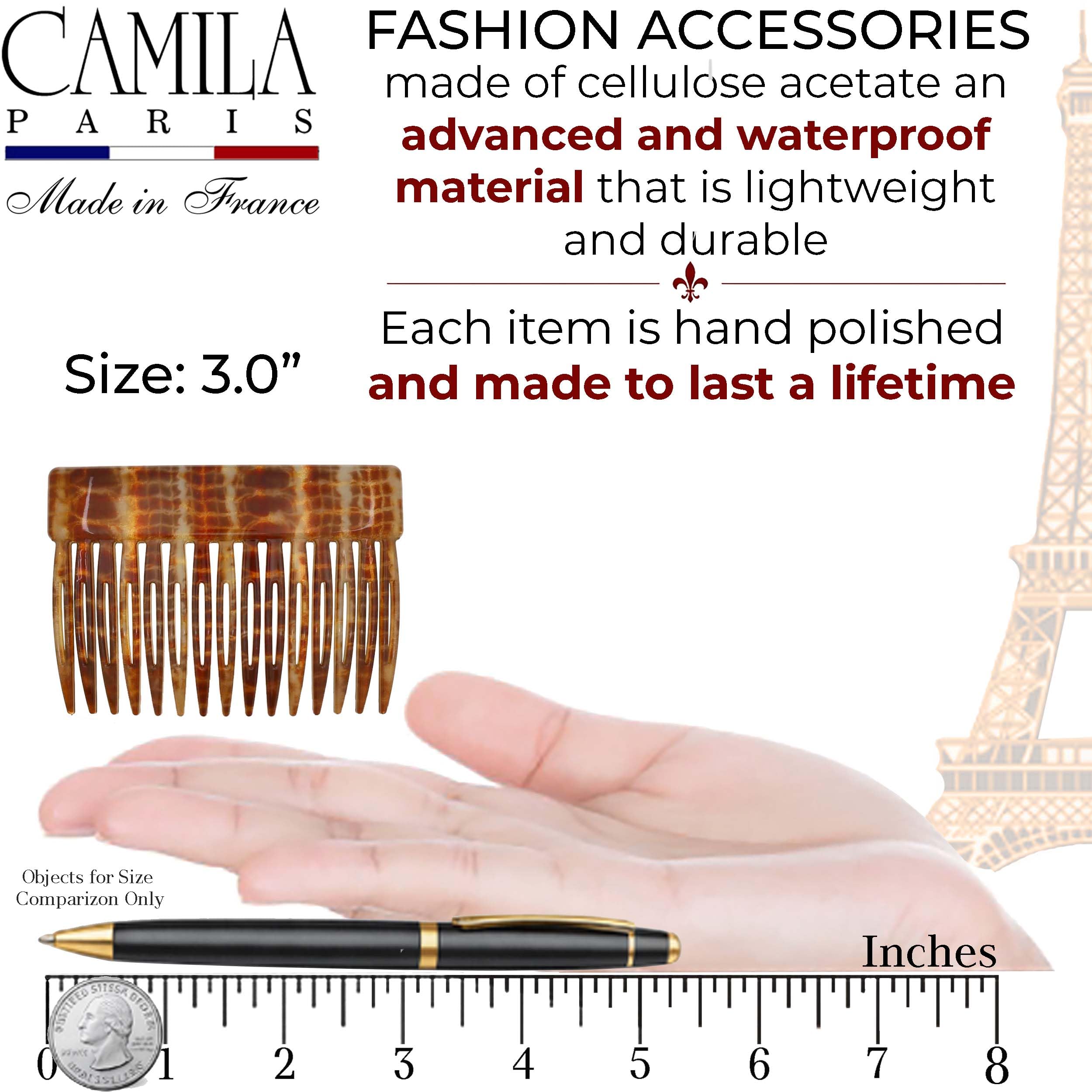 Camila Paris CP2943 Französischer Haarkamm, 7,6 cm, klein, braun, flexibel, langlebig, Zellulose-Haarkämme, starker Halt, Haarspangen für Frauen, rutschfestes Styling, Mädchen-Haarschmuck, hergestellt