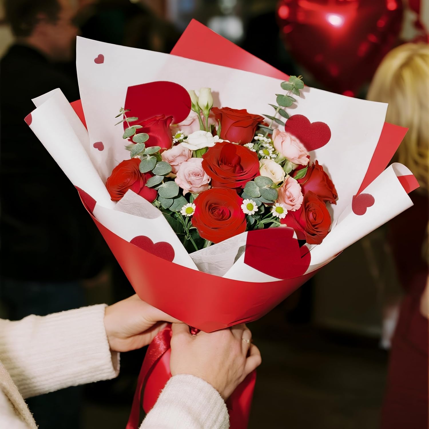 LeZakaa 20 Sheets Flower Wrapping Paper, Red Heart Design Waterproof Floral Bouquet Paper for Valentine's Day, Wedding, Anniversary Romantic Gift Packaging - Image 3