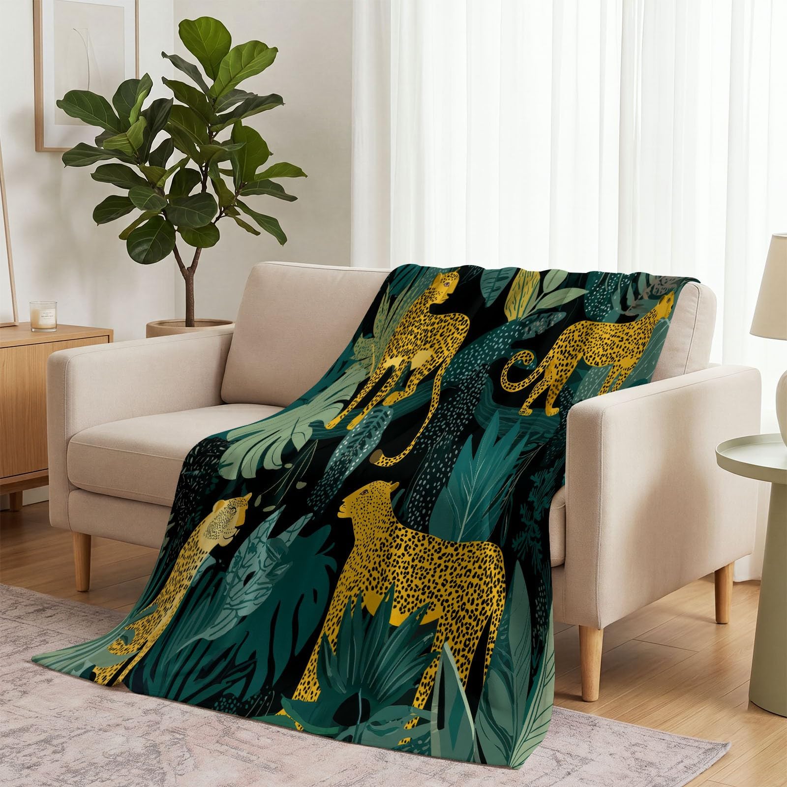 Manta polar con estampado de hojas tropicales de leopardo, mantas de franela, suave y cálido, estampado selva, manta esponjosa para niños adolescentes y adultos, verde oscuro 200 x 200 cm