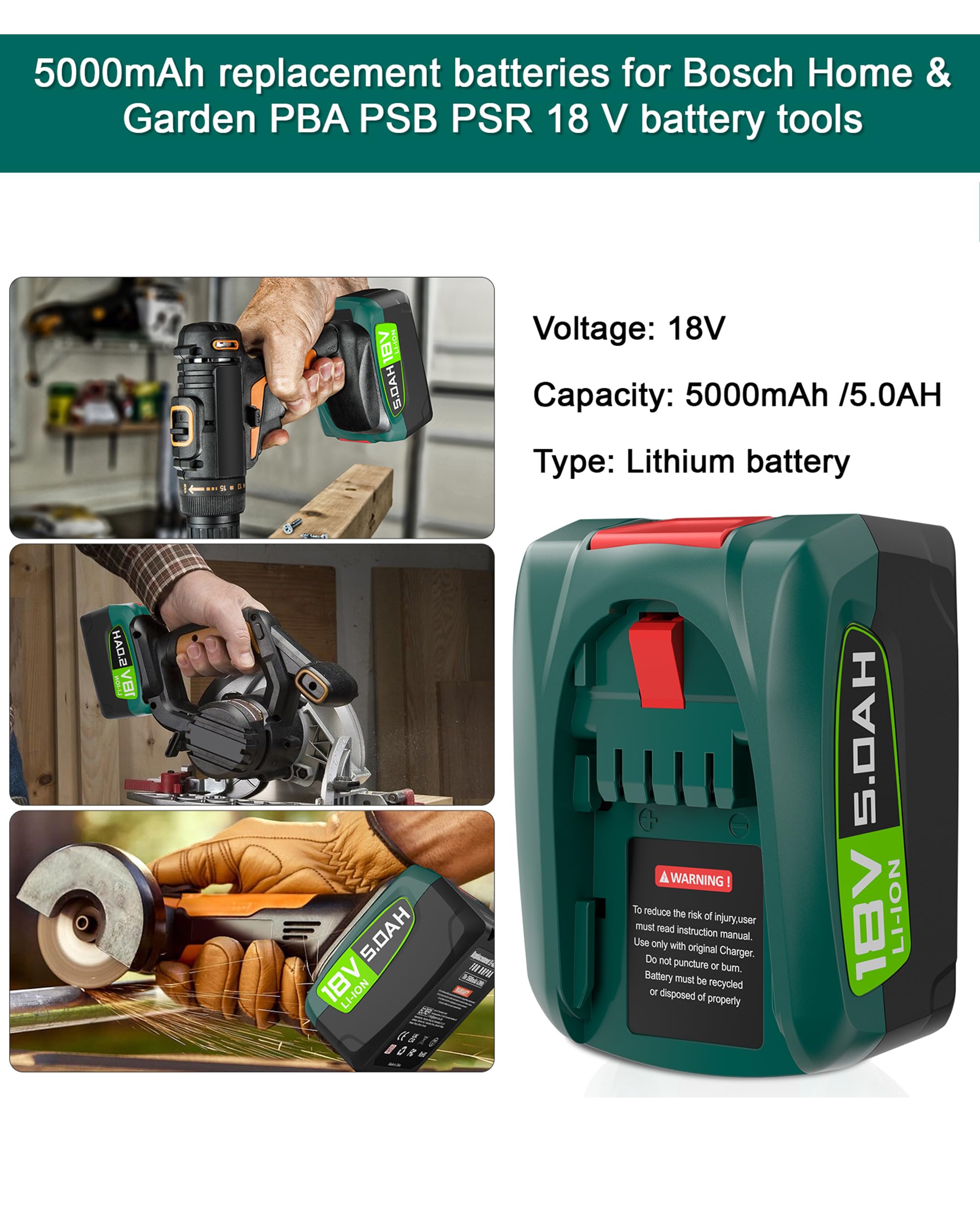 18V 5.0Ah Ersatzakku Kompatibel mit Bosch PBA PSB PSR Home & Garden
