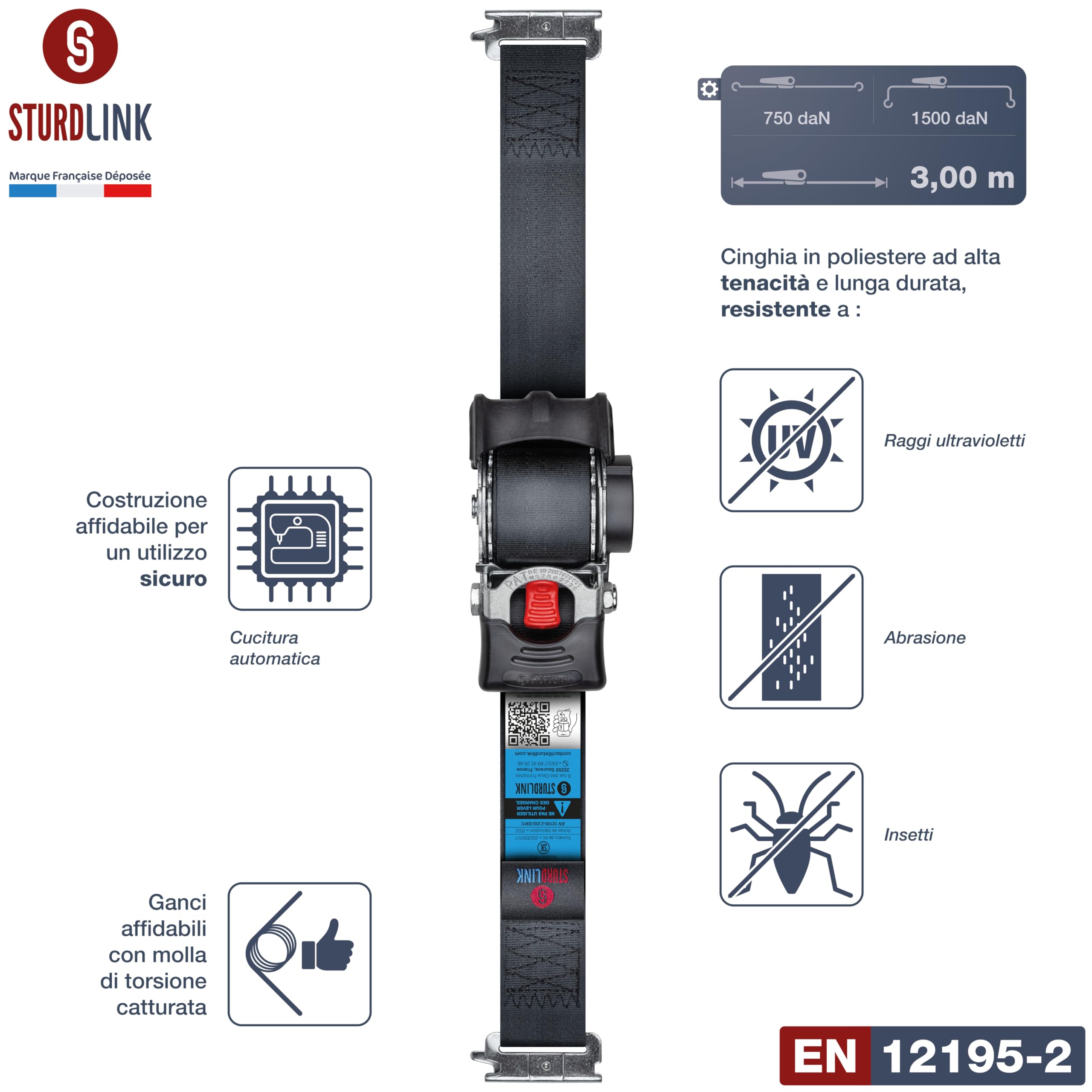 Cinghie a cricchetto automatiche 3 m 50 mm per binario di ancoraggio universale LC 750daN, 1500daN a U | Ancoraggio ad avvolgimento automatico di cinghia | per furgone camion rimorchio con binari |