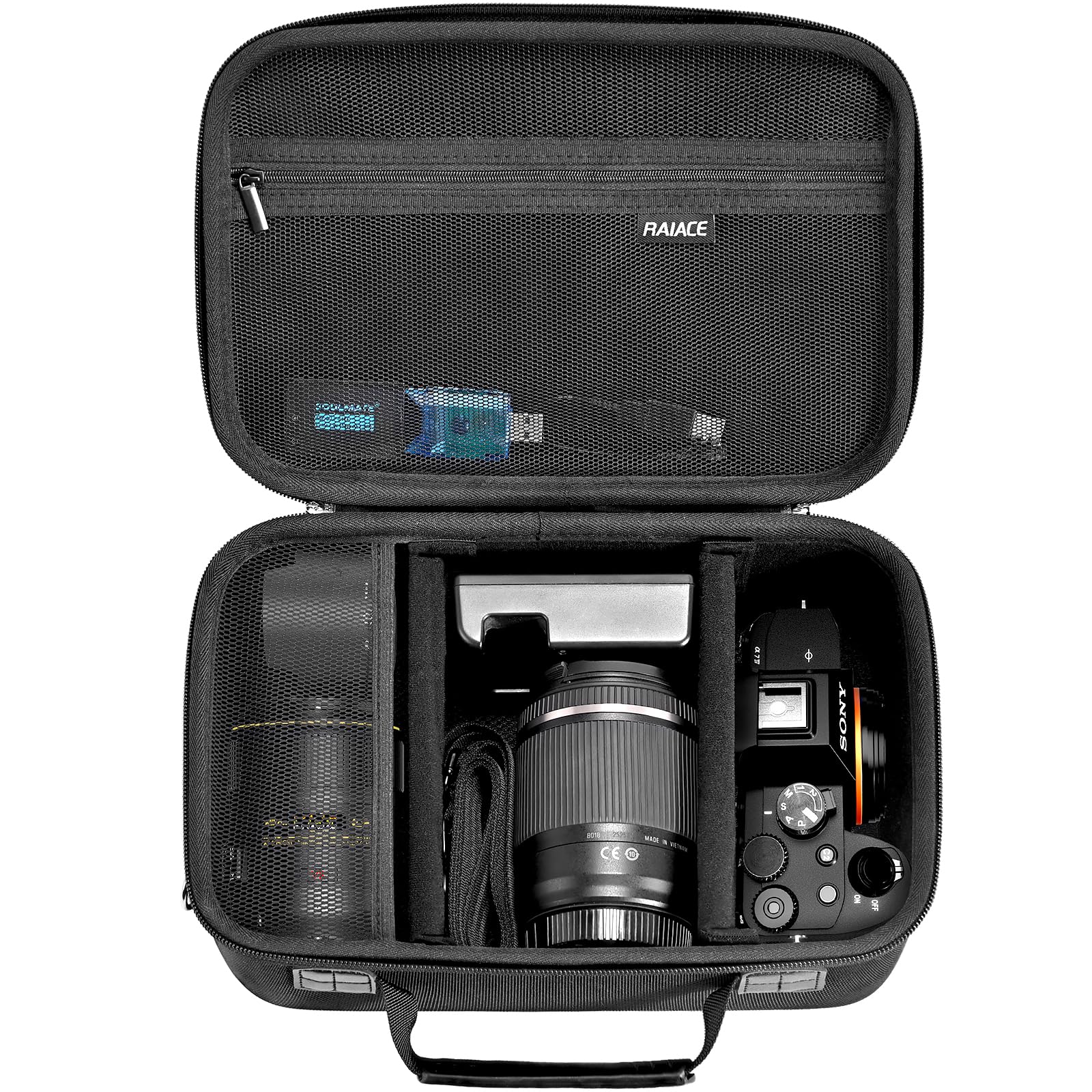 RAIACE Hard Case Compatible with Sony Alpha 7 II III IV/7R V Camera, for Nikon, for Canon, for Pentax and More.Large Capacity With Mesh Pocket for Lens, Charger, Cables, Cards and Accessories.-Black-picture-7