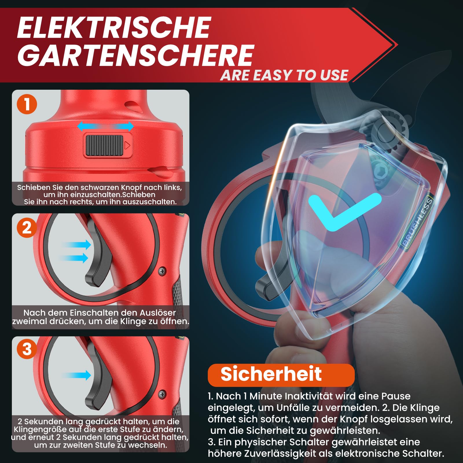 Akku Astschere, 40MM Akku Gartenschere Leistungsstark 800W Elektrische Gartenschere mit 2x2000mAh 21V Akkus, Leistungsstarke, 6-8H Laufzeit, Akku Schere für Obstbäume, Weinreben,Gartenschnitt, Zweige