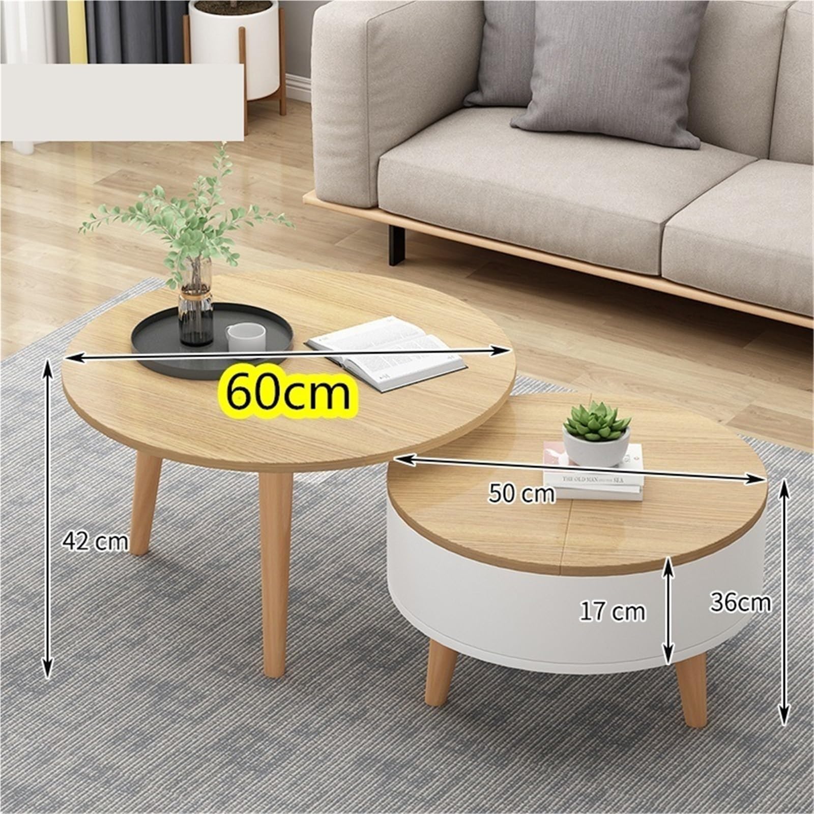 Mesa Auxiliar, combinación de Mesa de 70/60 cm y Armario de 50 cm, Mesa Auxiliar for sofá, mesas de Centro, for Sala de Estar, Dormitorio, mesita de Noche(60 Walnut+50 White)
