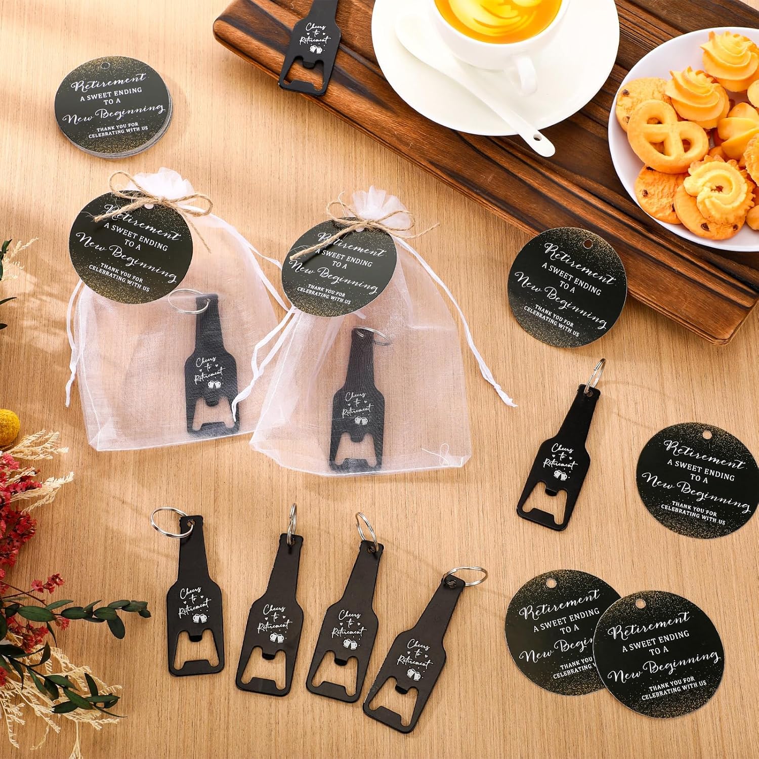 Maxcheck 50 Sets Retirement Party Favors for Guests Cheers to Retirement Bottle Opener Keychain Bulk with Thank You Tags Organza Bags Retirement Party Thank You Gift Idea Souvenirs