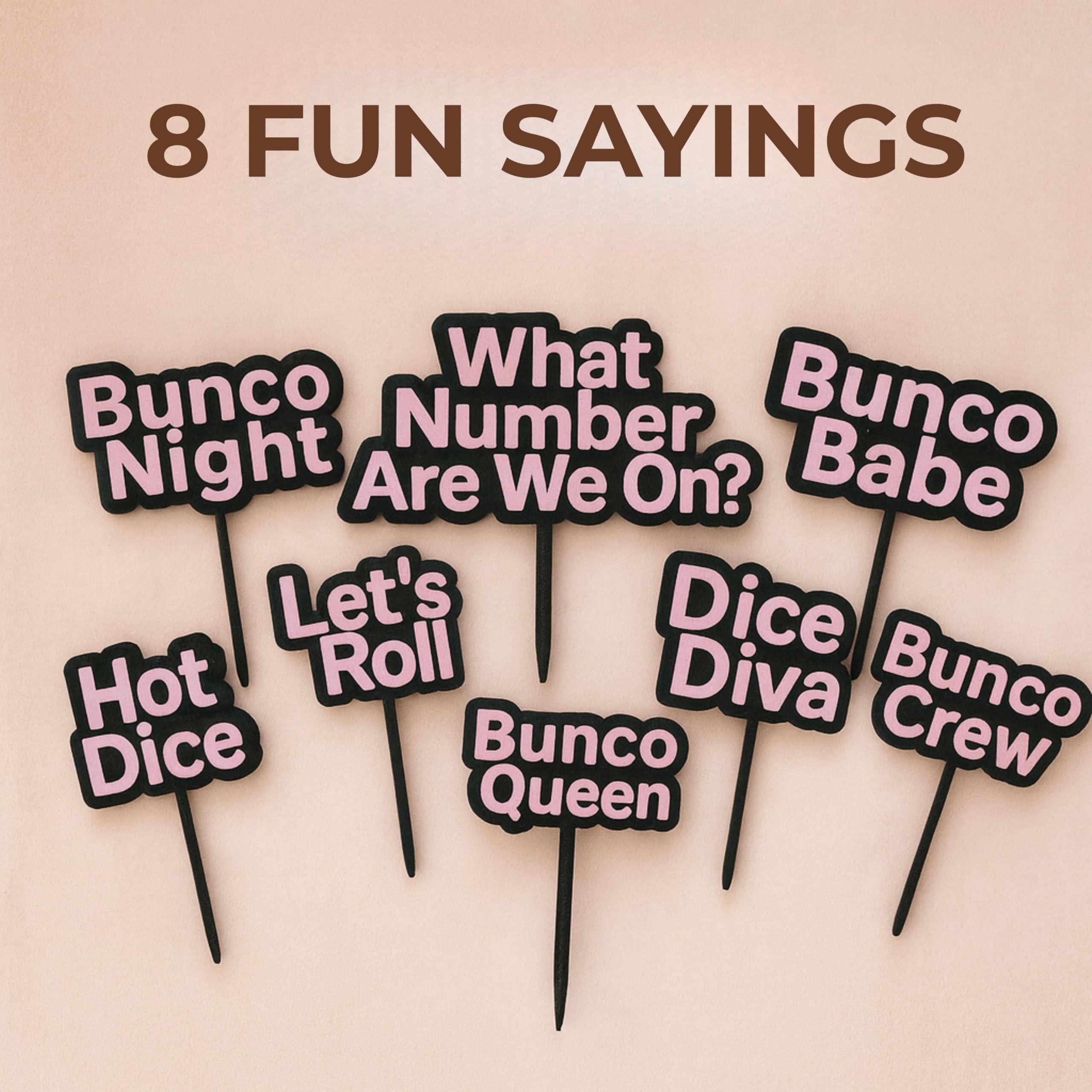 Bunco Cupcake Toppers – 8 Fun Bunco Sayings – Reusable Party Picks for Cupcakes & Snacks – Great Bunco Gift or Door Prize
