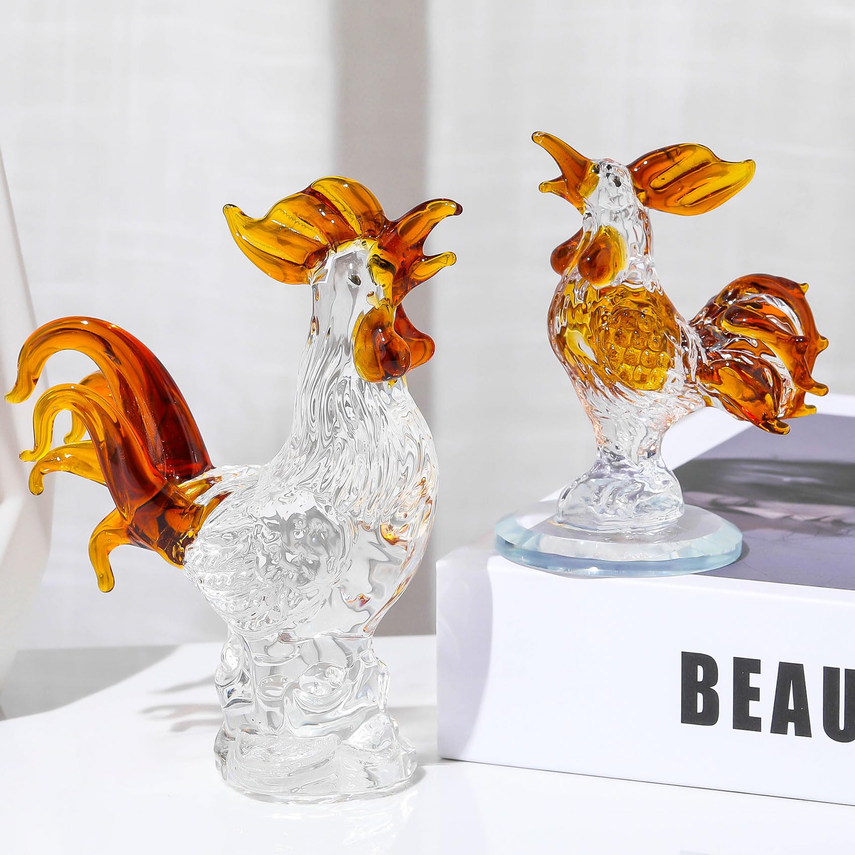 Movdyka 2pc Brown Crystal Chicken Rooster Figurine Table Art Sculpture Decor Hand Blown Glass Farm Animal Table Ornament Decoration Statue Rooster Gifts for Women